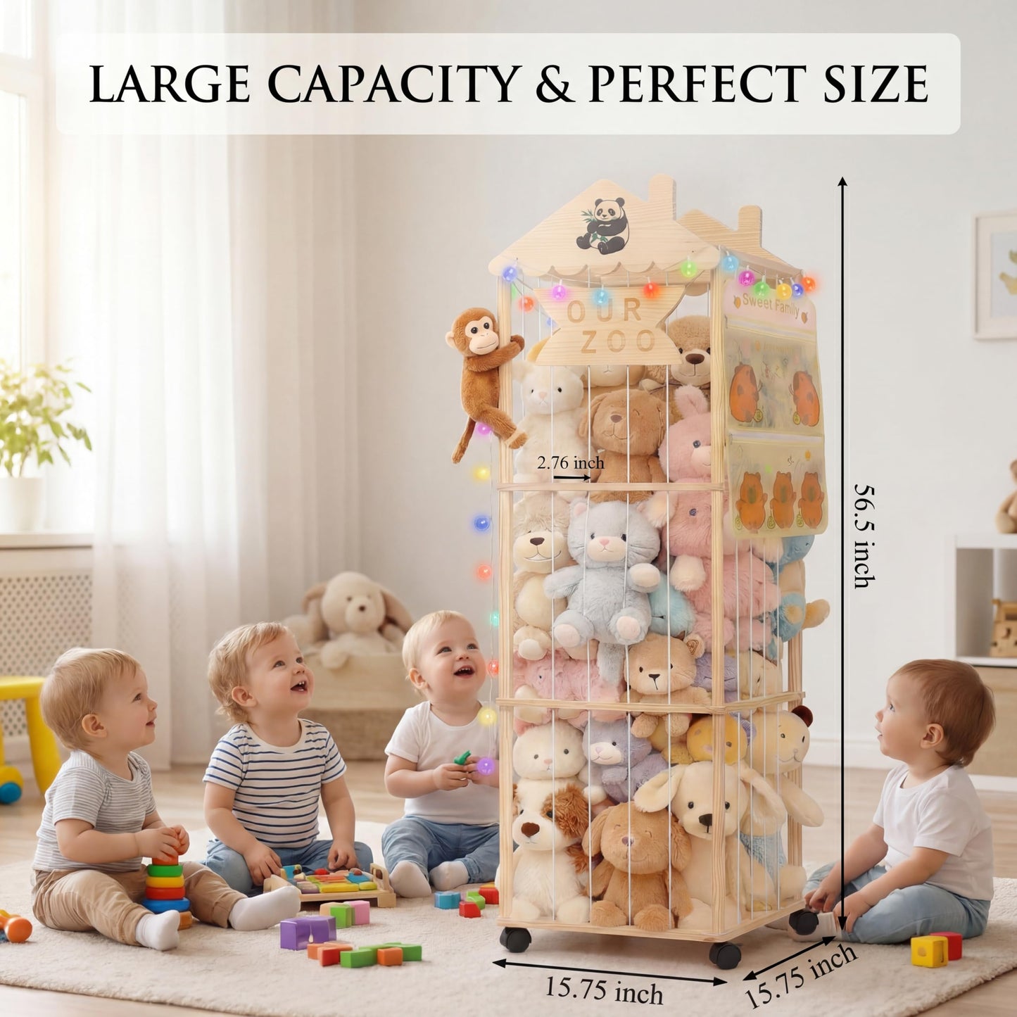 Stuffed Animal Storage, Extra Large Stuffed Animal Organizer with Wheels, Wooden Tall Animal Zoo Display Tower, Plushies Toy Holder with Lights and Pockets for Nursery, Playroom, Bedroom