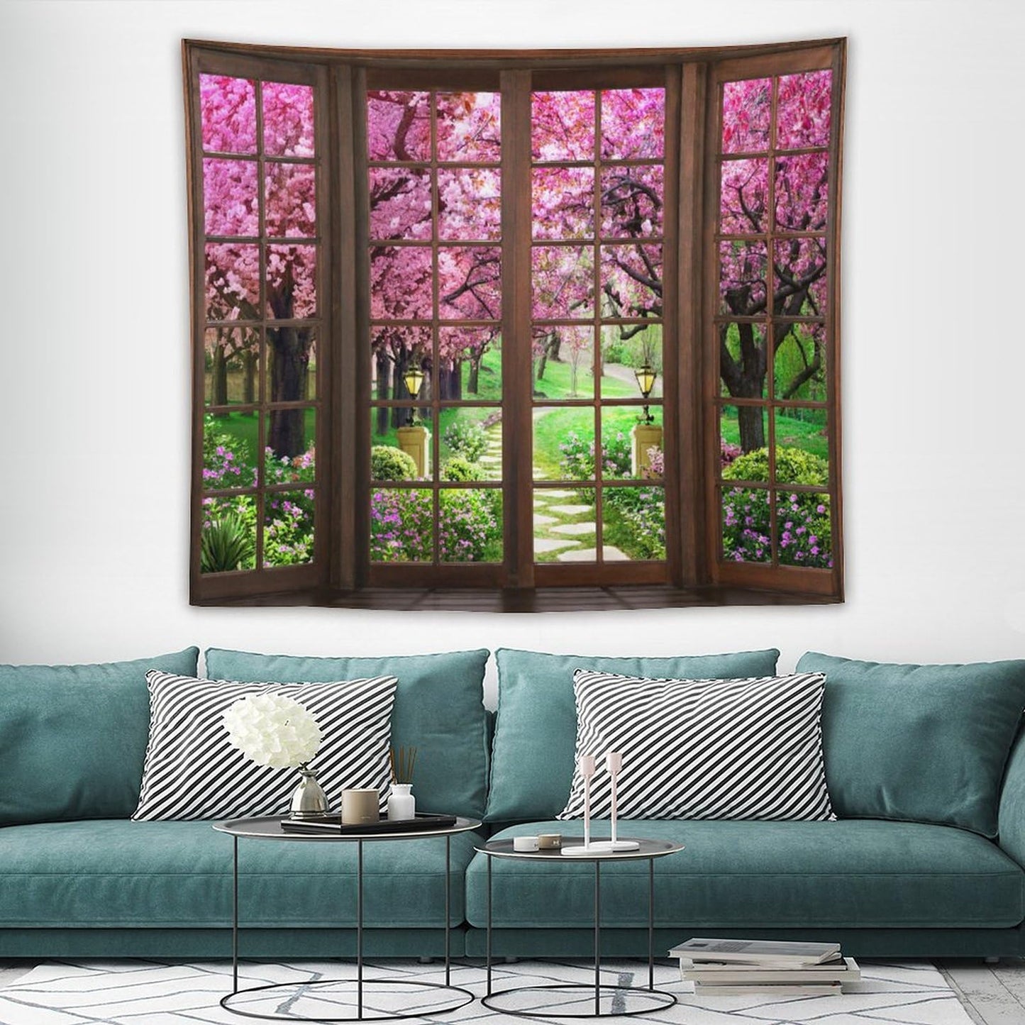 ZhiRain Cherry Blossom Path Landscape Tapestry Wall Hanging Park Bench Scenery Tapestries Home Decor for Living Room Bedroom Apartment Farmhouse Dorm 50"x60"