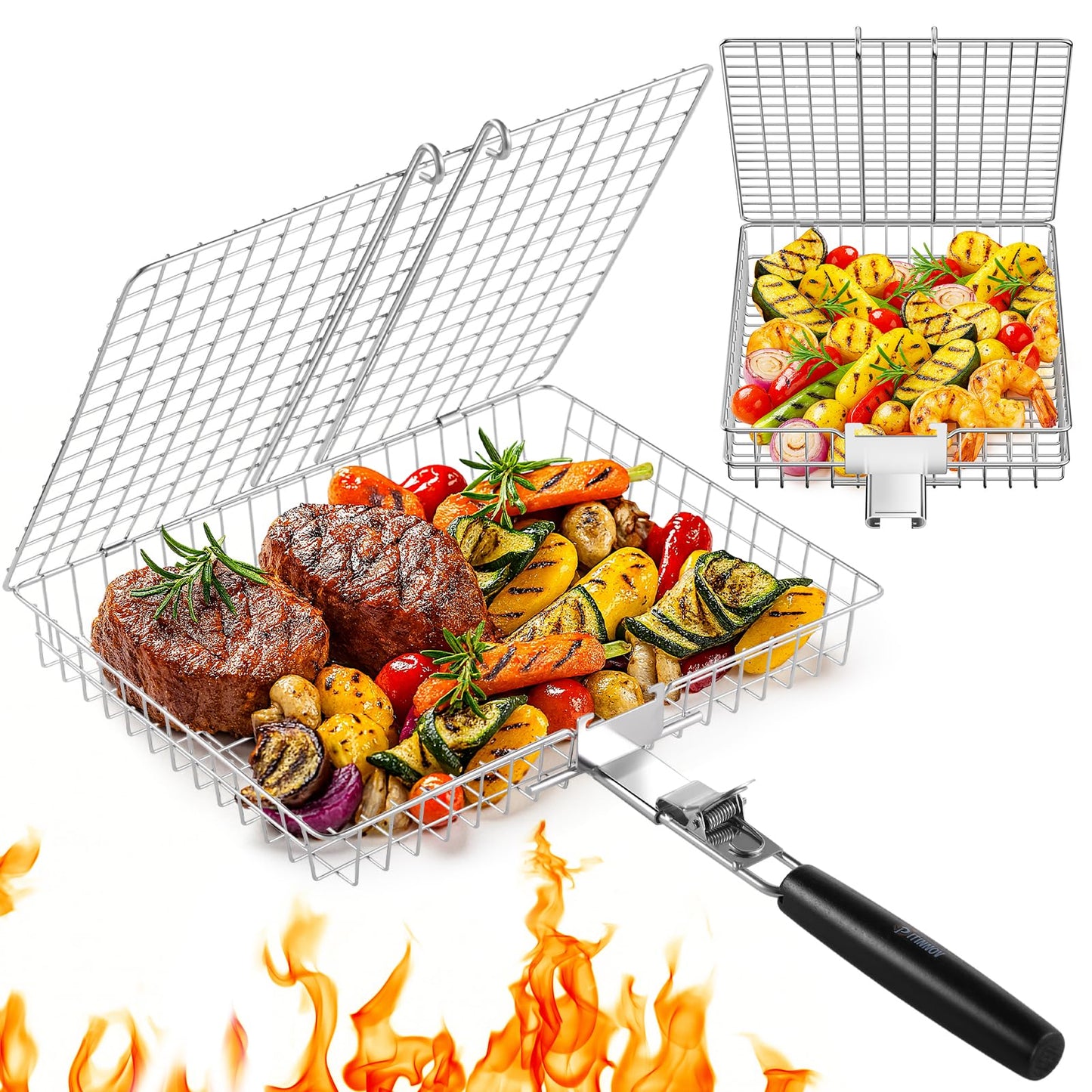 Nesting Grill Baskets, 2PCS Grilling Baskets for Outdoor with Removable Handle, Stainless Steel BBQ Camping Cooking Accessories Tools for Meat Steak Fish Vegetable Shrimp, Gifts for Men Dad Husband