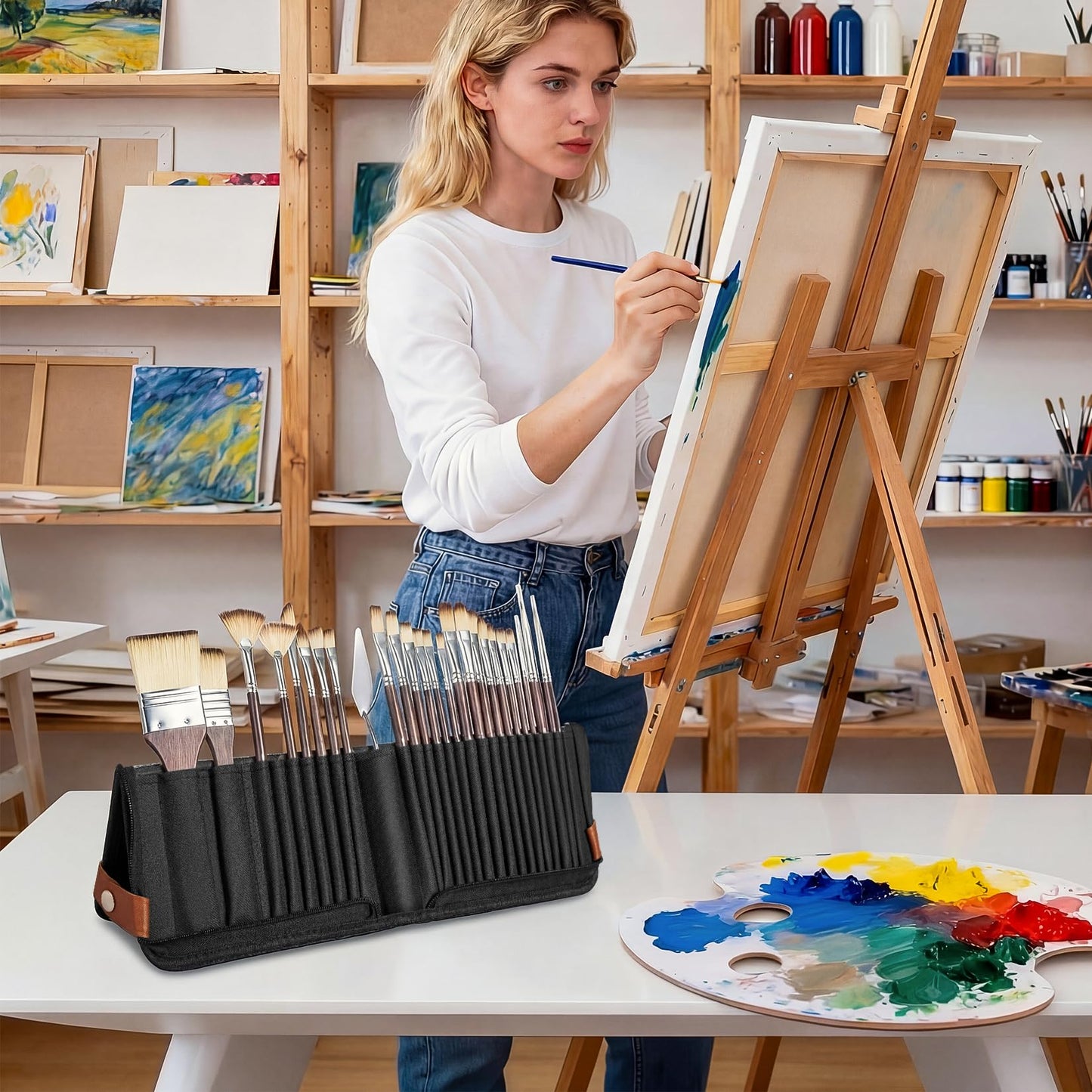 TOOGE 26pcs Acrylic Paint Brush Set: Travel Watercolor Oil Paint Brushes Case Professional Blending Brush Holders and Organizer for Artists Gouache Face Painting with Paint Palette Knife Filbert Brush