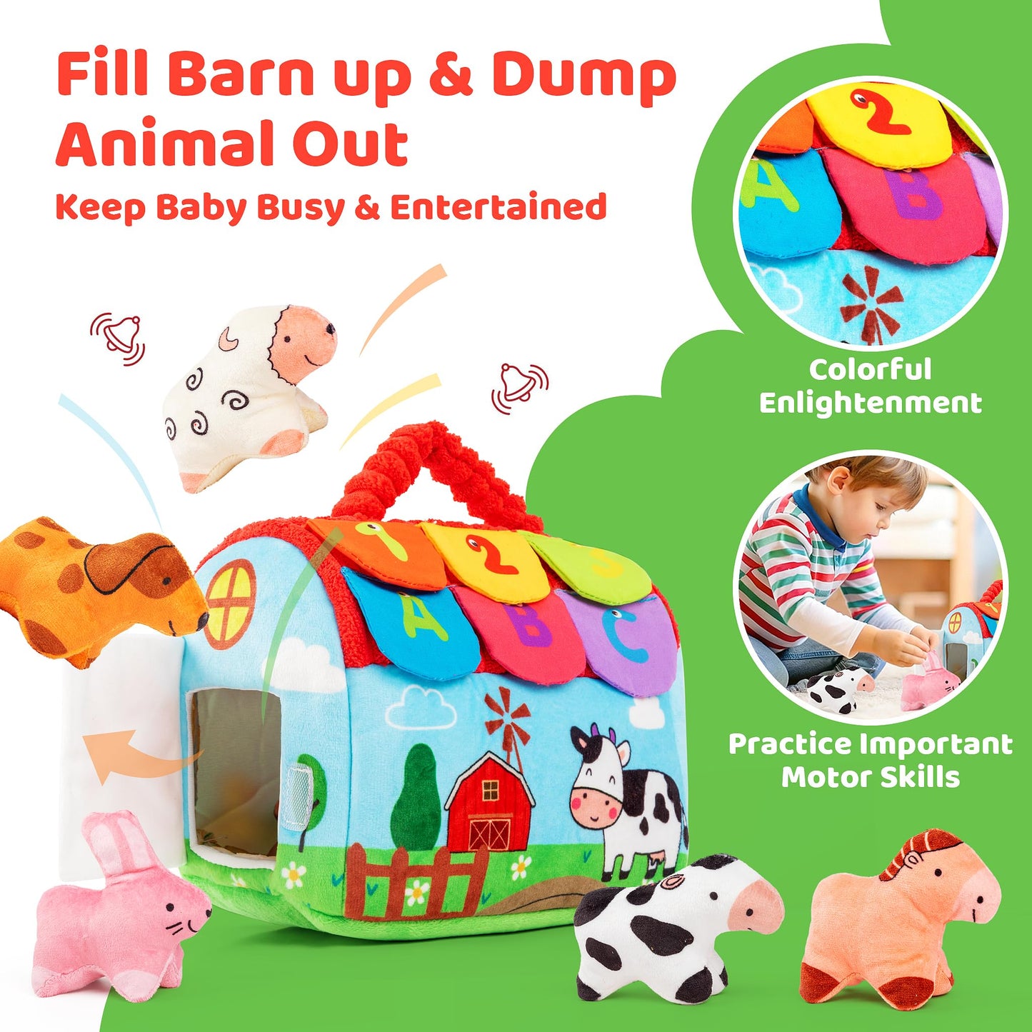 WECHARM KIDS Baby Sensory Toys 6-12 Months, Montessori Stuffed Farm Animals with Rattle Crinkle Mirror, Soft Plush Toys for 6 Months+, Easter Basket Stuffers Gifts for Infant Boys Girls