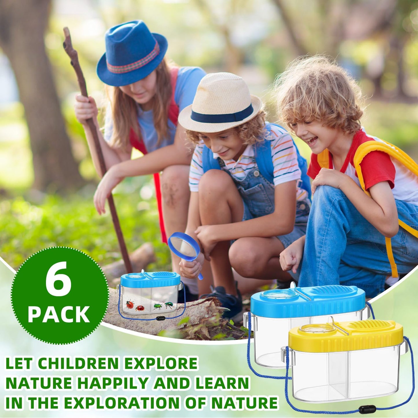 6 Pack Bug Catcher Kit for Kids Bulk Insect Habitat Viewer with Magnifying Glass Vents Portable Bug Collection Cage with Lanyard Nature Outdoor Explorer Set for Boys Girls Birthday Gift(Yellow，Blue)