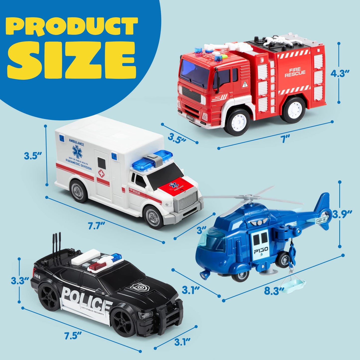 JOYIN 4 Packs Emergency Vehicle Toy Playsets, Friction Powered Vehicles with Light and Sound, Including Fire Truck, Ambulance, Play Police Car and Helicopter, Toddler Kids Boys Gifts