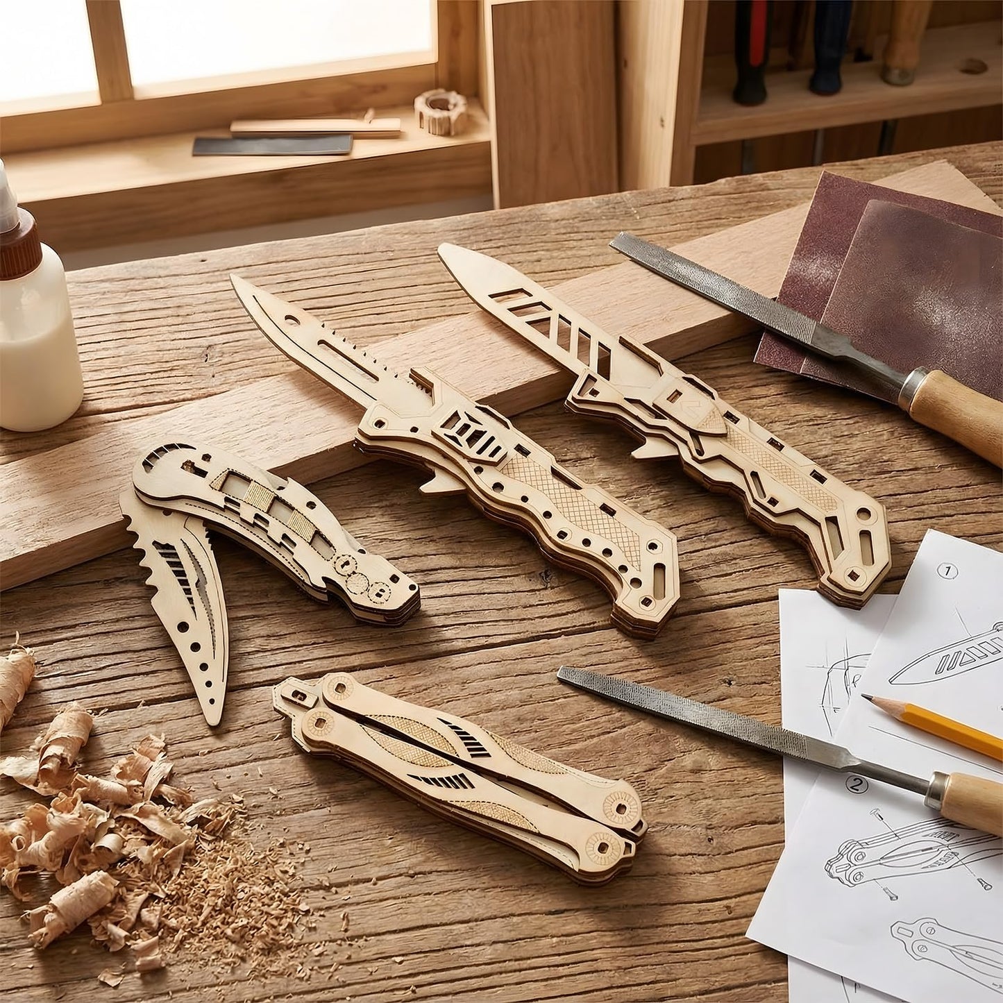 Teyva Daily 4 Pack 3D Wooden Puzzle for Adults DIY Wooden Puzzles Knife Kit Brain Teaser Mechanical Model Building Toy for Adult Craft Hobby Wood Graduation Art Gift for Teens Men Puzzle Fans