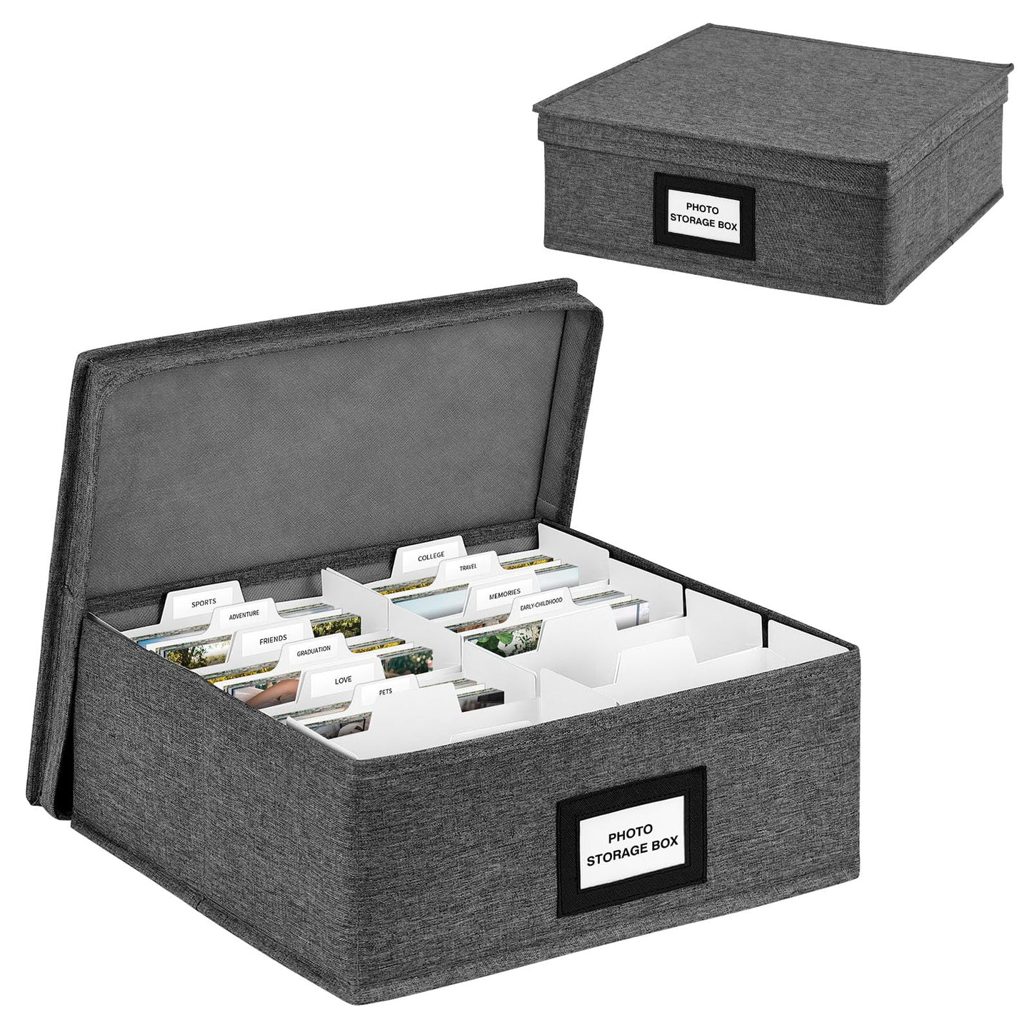 Photo Storage Box with Lid, Photo Organizer Box Fits Holds up to 1700 and 4x6 Pictures, with 8 Adjustable Dividers, 60 Labels, Photo Album Box for Envelopes, Scrapbooking, Recipes, Cards, Stamps