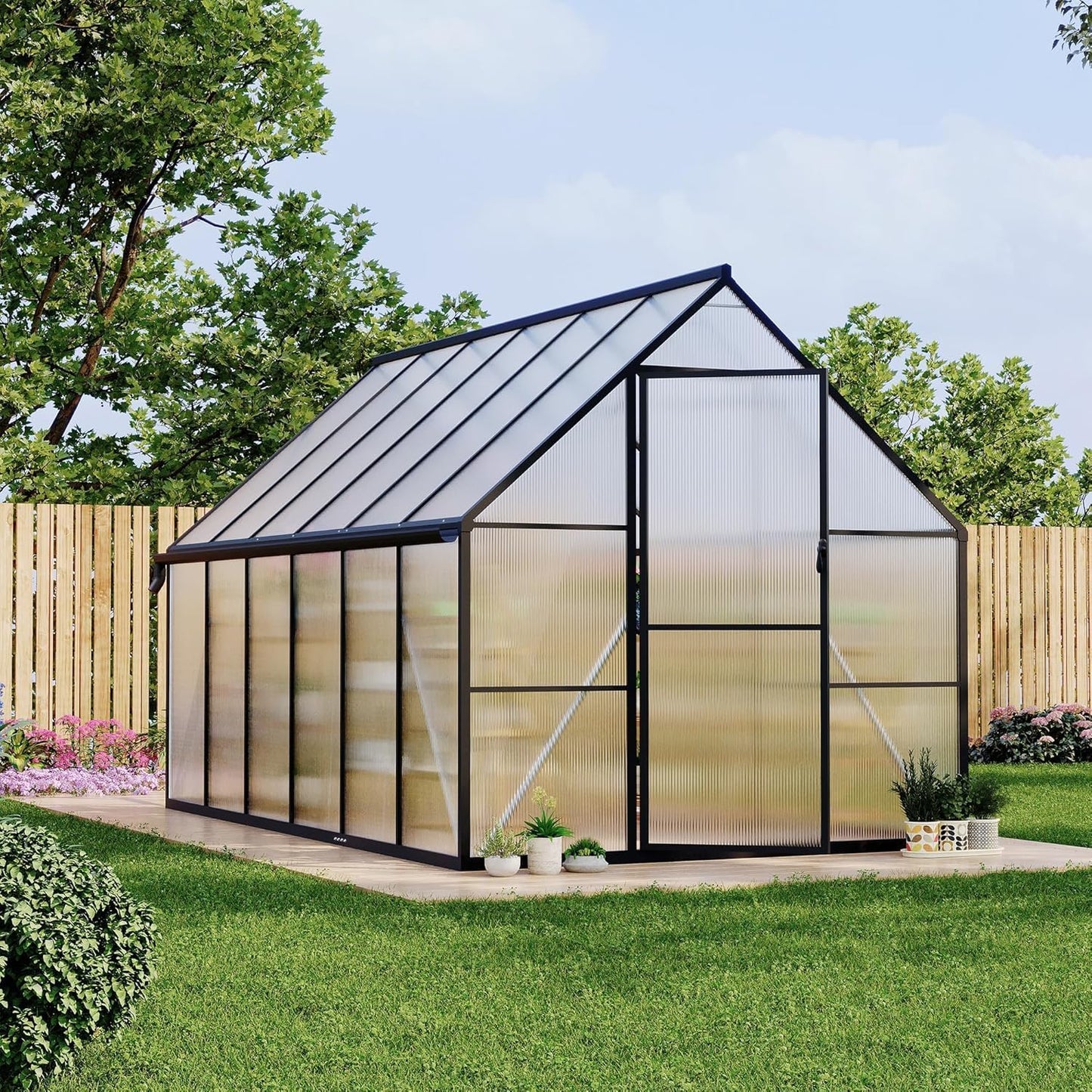 8x12 FT Aluminum Framed Polycarbonate Greenhouse for Outdoors, UV-Blocking Panels, Heavy Duty Structure, Roof Vent, Easy Setup, All-Season Garden Kit