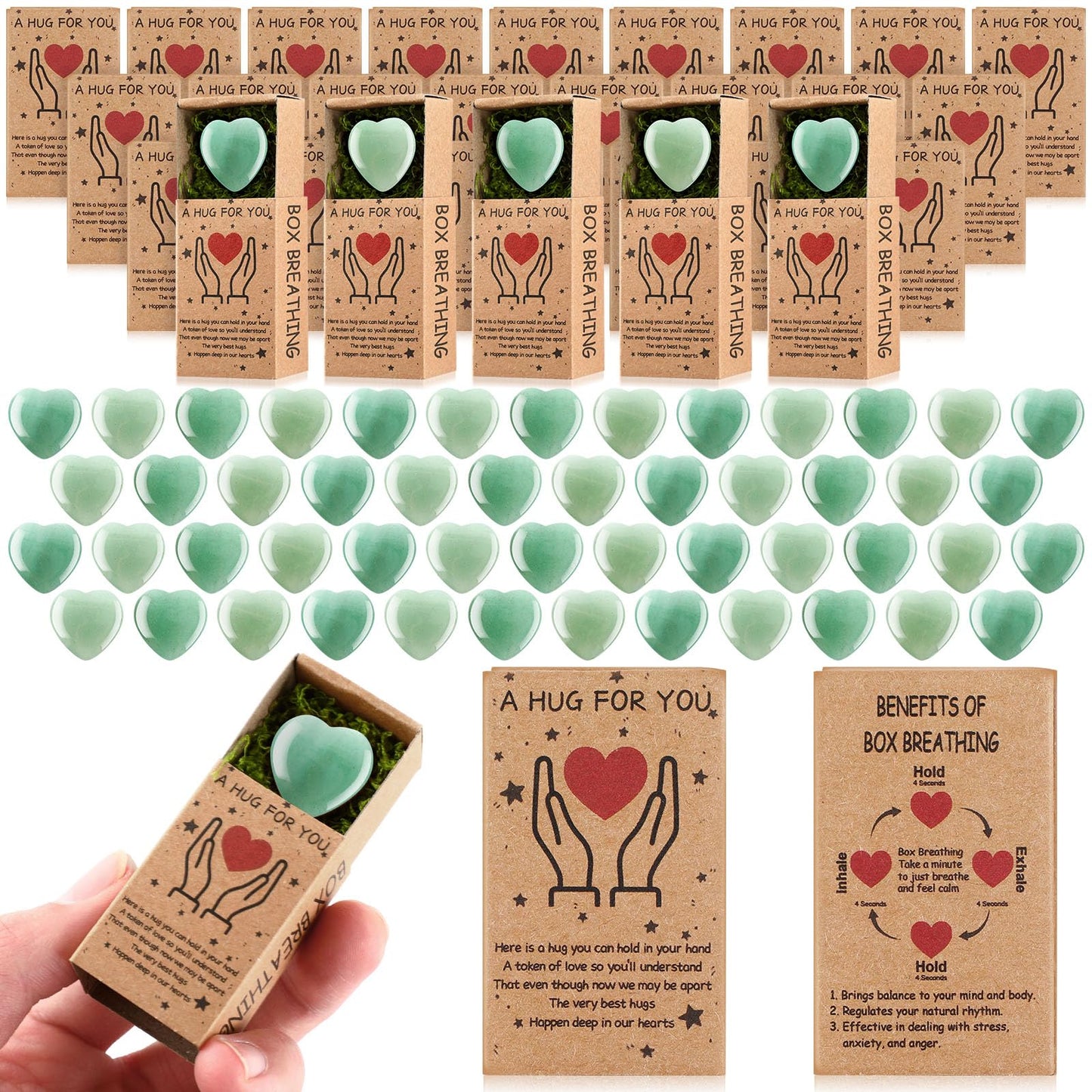 Landical 50 Sets Mother's Day Pocket Hug Token Gifts Bulk Little Heart Rocks Small Crystal Heart Stones Bulk with Boxes for Birthday Party Colleagues Family Celebration of Life Gifts (Green)