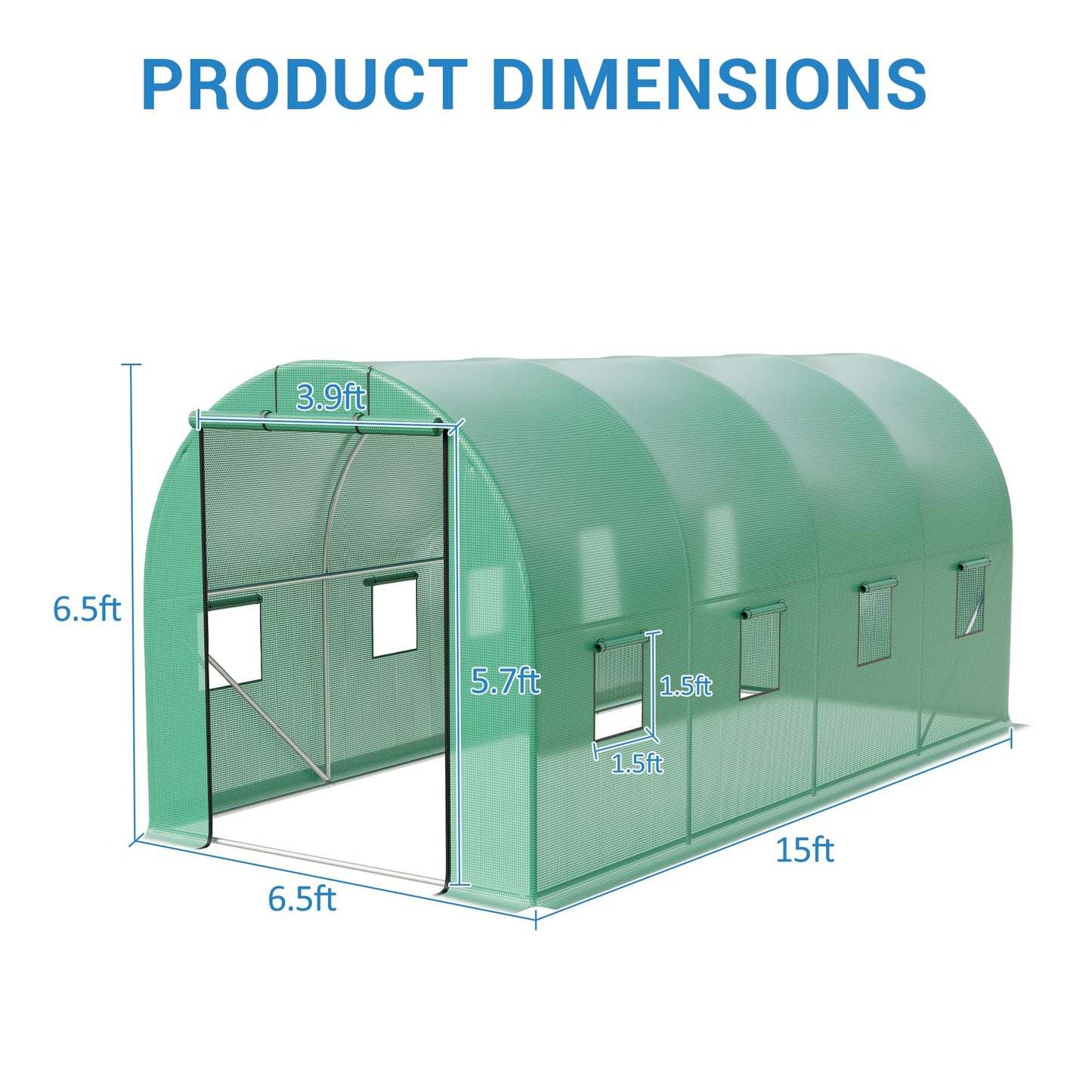 15x7x7 ft Walk-in Greenhouse for Outside - Heavy Duty Galvanized Steel Hoop House with PE Cover, 8 Windows & Roll-Up Door - Outdoor Plant Tunnel for Gardening, Vegetables & Year-Round Growing