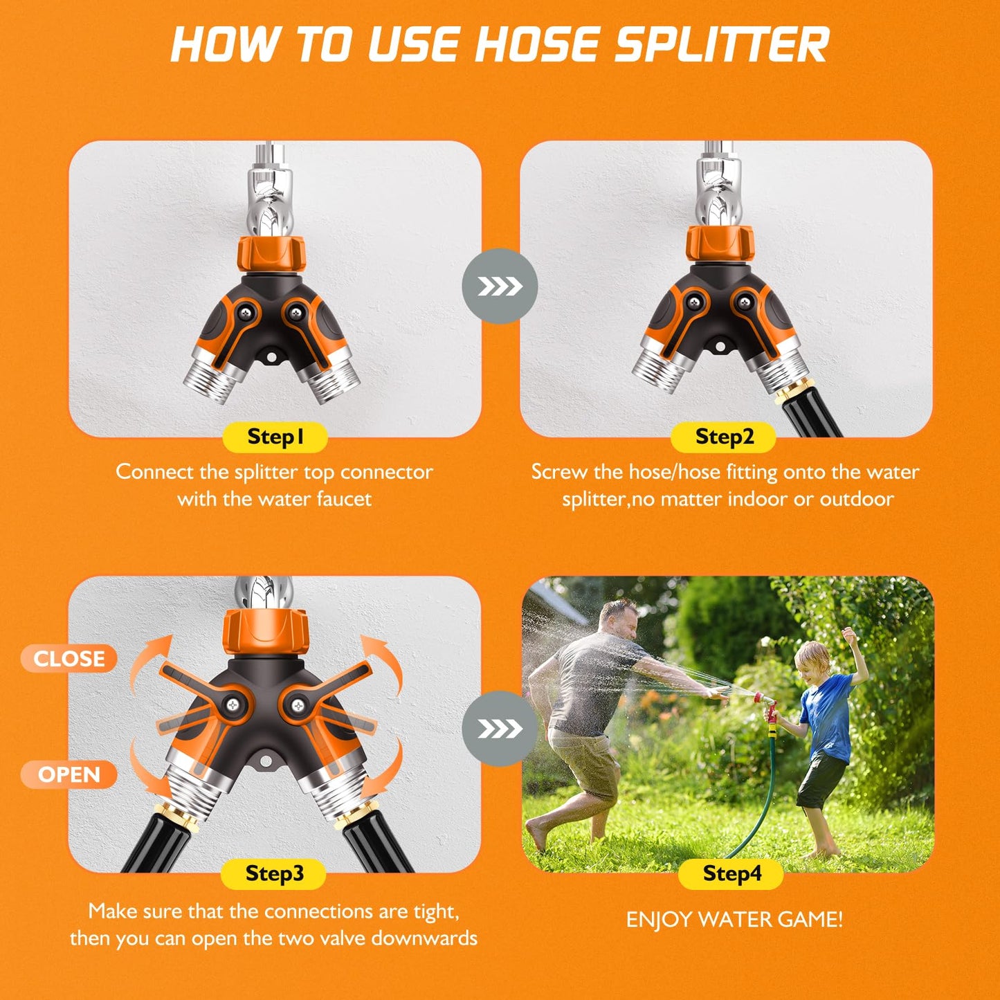 2 Way Garden Hose Splitter with Shut Off Valve,Water Spigot Splitter for 3/4" Hose Connector,Heavy Duty Metal Outdoor Faucet Splitter Y Connector for Hose,with 3 Leakproof Washers & 1 tape(2, Orange)