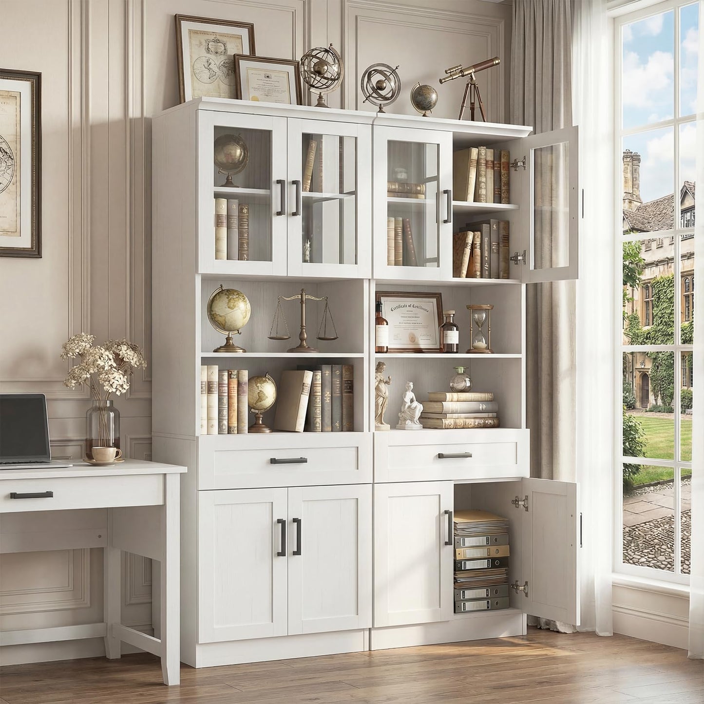 Unikito 79.7" Tall Kitchen Pantry Storage Cabinet, Freestanding Kitchen Hutch Cabinet with Glass Door, Adjustable Shelves and Drawer, Display Bookcase for Living Room, Dining Room, Bathroom, Black