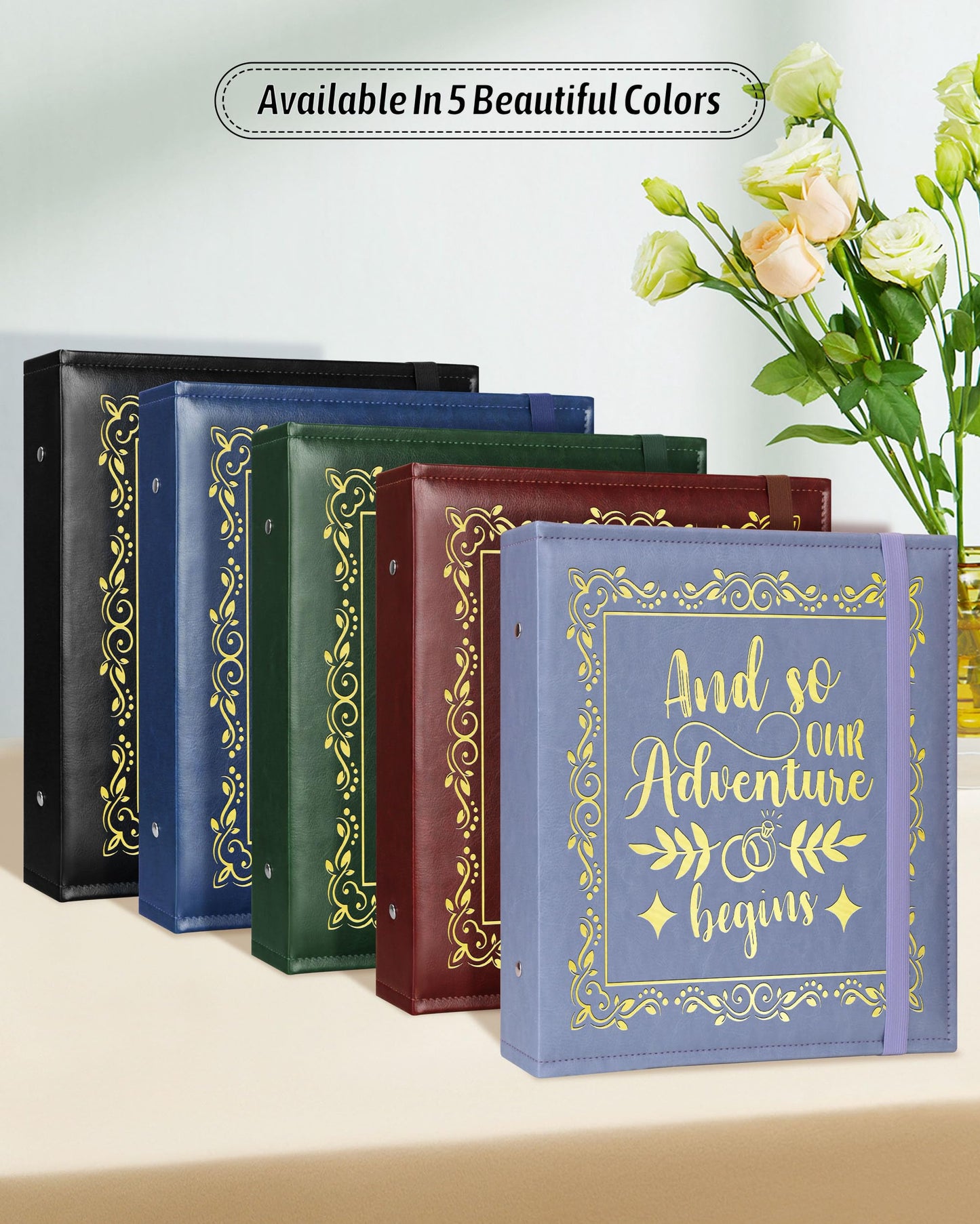 4x6 Wedding Photo Album Holds 100 Photos & 20 Acid-Free Writing Sheets, Leather Scrapbook And So Our Adventure Begins, Romantic Memory Book for Couples, Bride & Groom Wedding Gift (Blue)