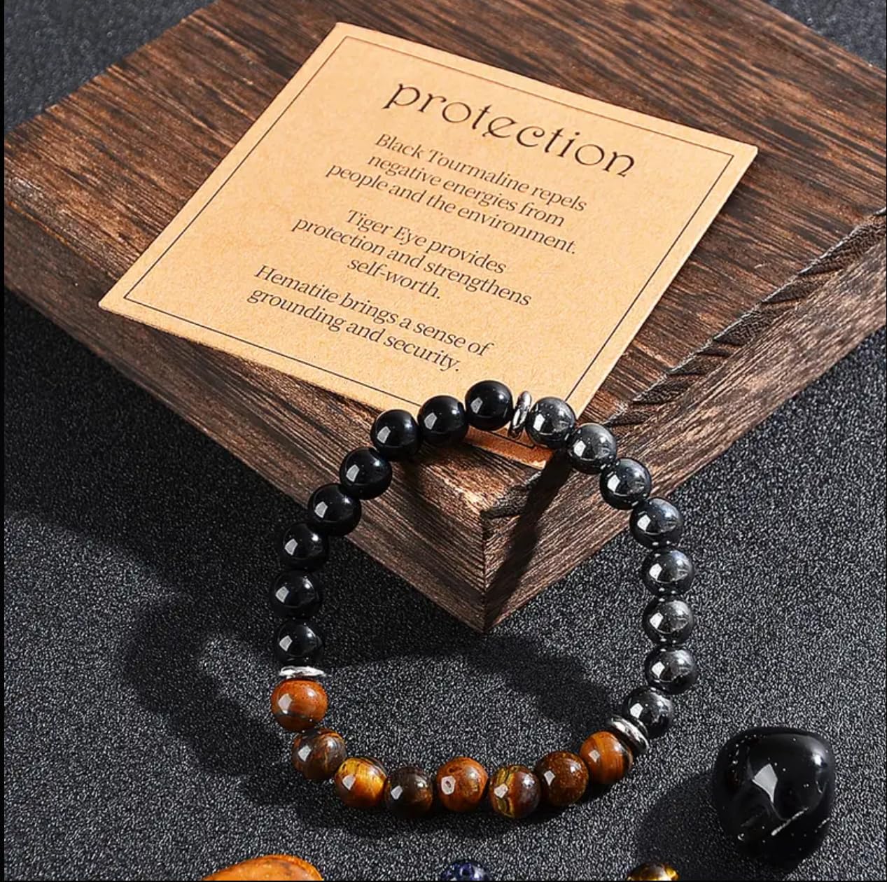Triple Protection Healing Crystal Beaded Bracelet – Tiger Eye, Black Tourmaline & Hematite Natural Stone Jewelry – Strength & Positive Energy Gift for Men & Women – Christmas & Anniversary