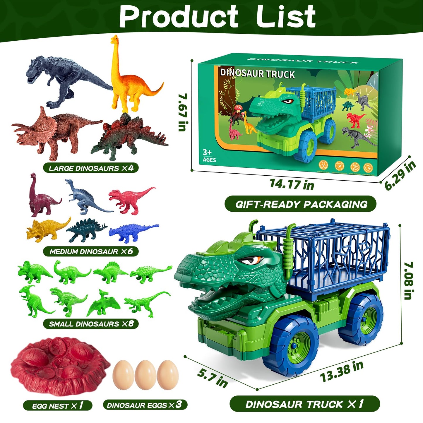 Guminnara 22 in 1 Toddler T-rex Dinosaur Truck Toy Set for Kids Boys 3-5 5-7, Tyrannosaurus Carrier Transport Truck with 18 Jurassic Dino Figures, Birthday Toy for Boys Girls 3 4 5 6 7 Years Old