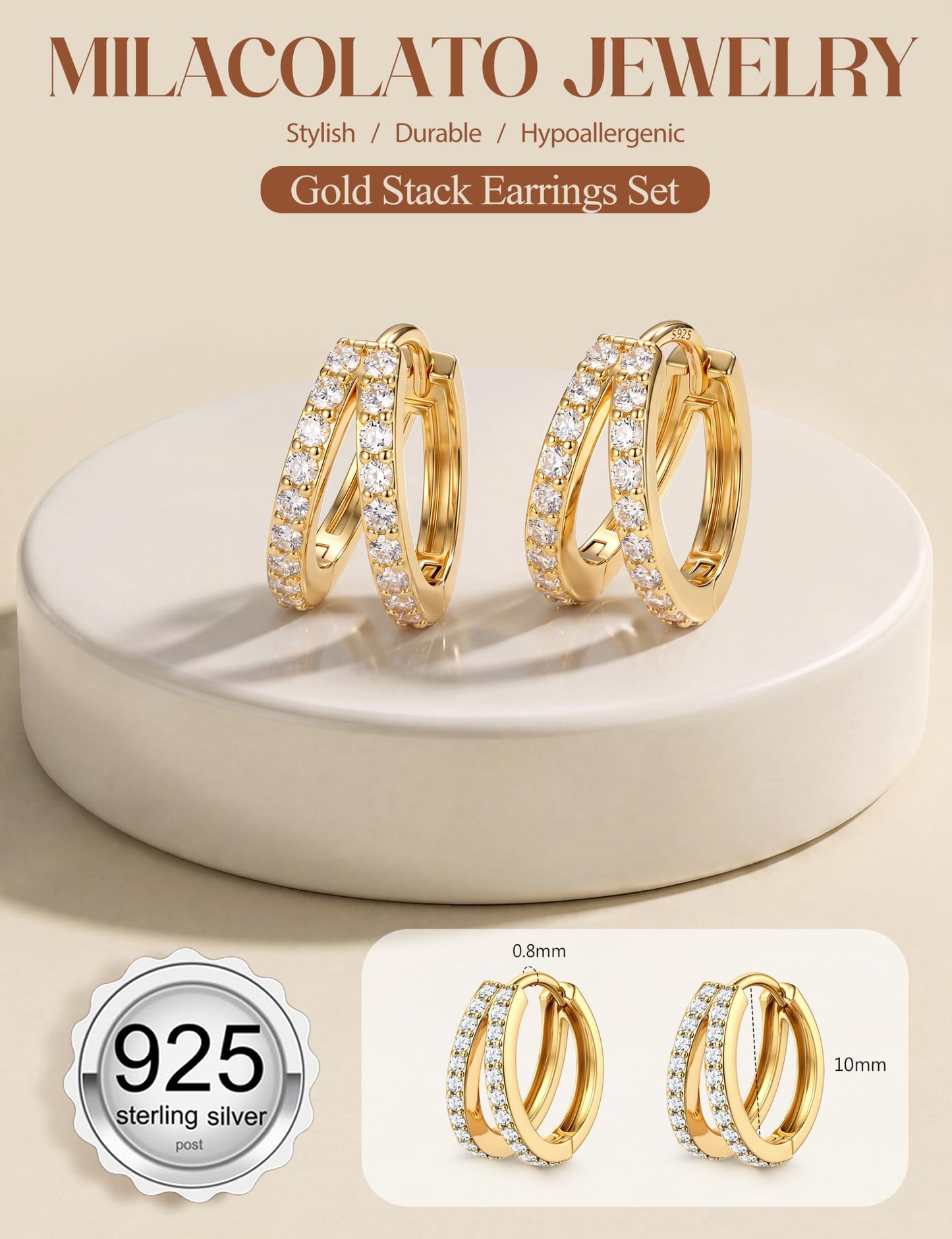 MILACOLATO 925 Sterling Silver Earrings for Women, 14K Gold Plated Small Huggie Hoop Earrings, Layer CZ Double Hoop Earrings Stacks Trendy Jewelry Gifts