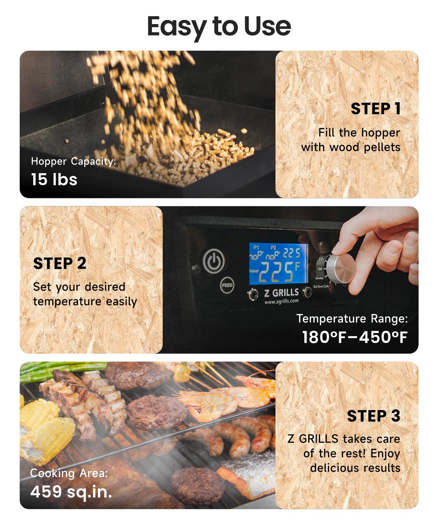 Z GRILLS Wood Pellet Grill Smoker with PID 3.0 Controller, 459 SQ.IN, 450°F Max Temperature, 8 in-1 BBQ Grill, LCD Screen, Meat Probes, Rain Cover, Backyard Camping Bake and Roast, 450E