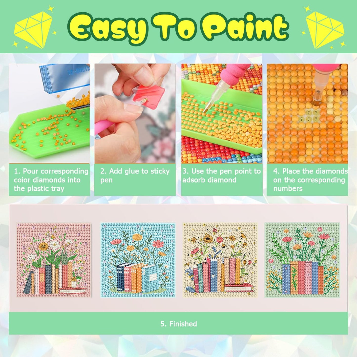 ICYANART 4 Pack Book Diamond Art Painting Kits for Kids, Cute Gem Art Kit for Kids Ages 6-8-12, Small Diamond Art for Kids Easy Handmade Gifts and Home Wall Decor 7x7inch