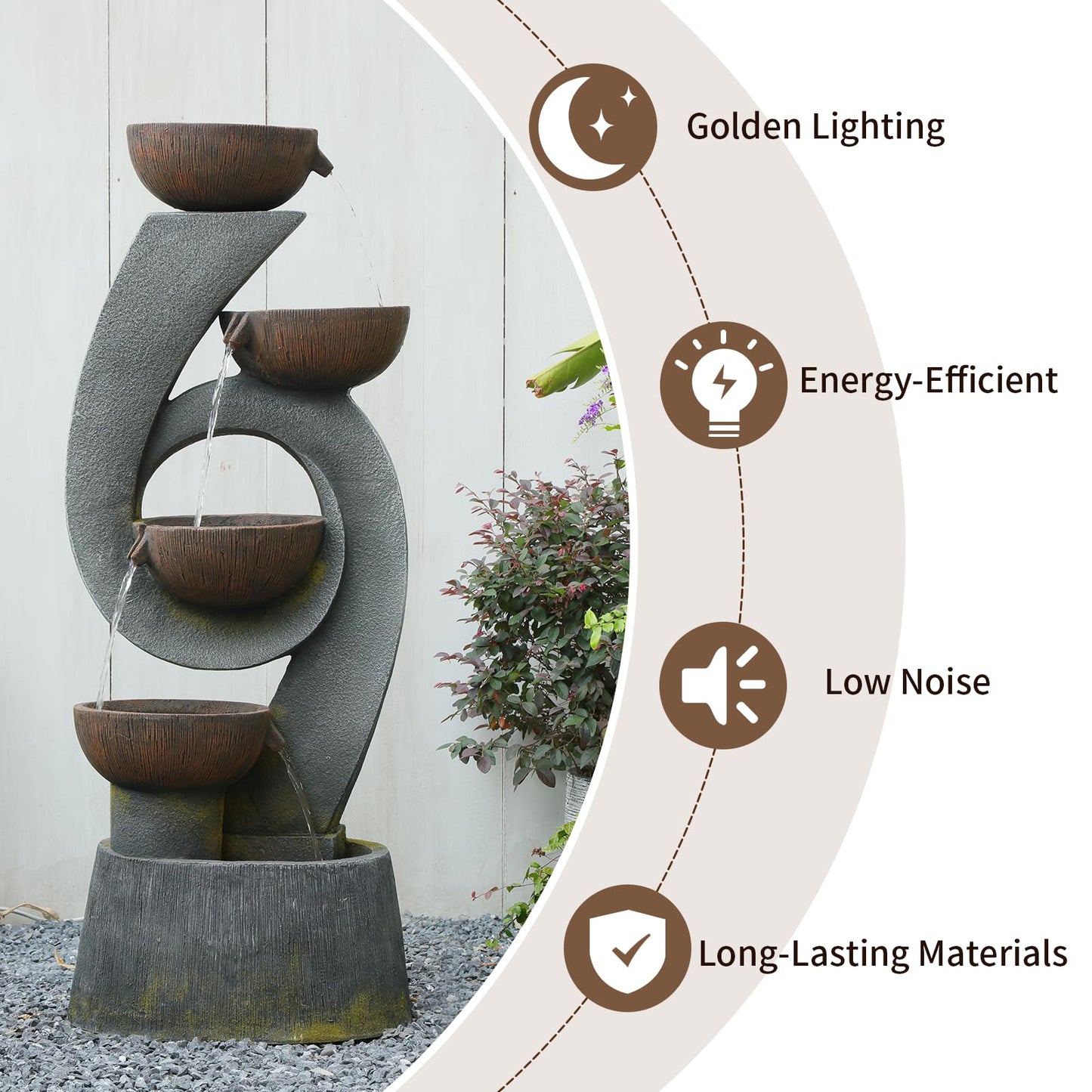 Sunlinua 46.8''H Outdoor Water Fountains - 5-Tiered Garden Fountains Outdoor for Patio, Yard, Balcony, Porch, Modern Resin Waterfall Feature for Outside with Light, Cascading Bowl Water Feature Gray