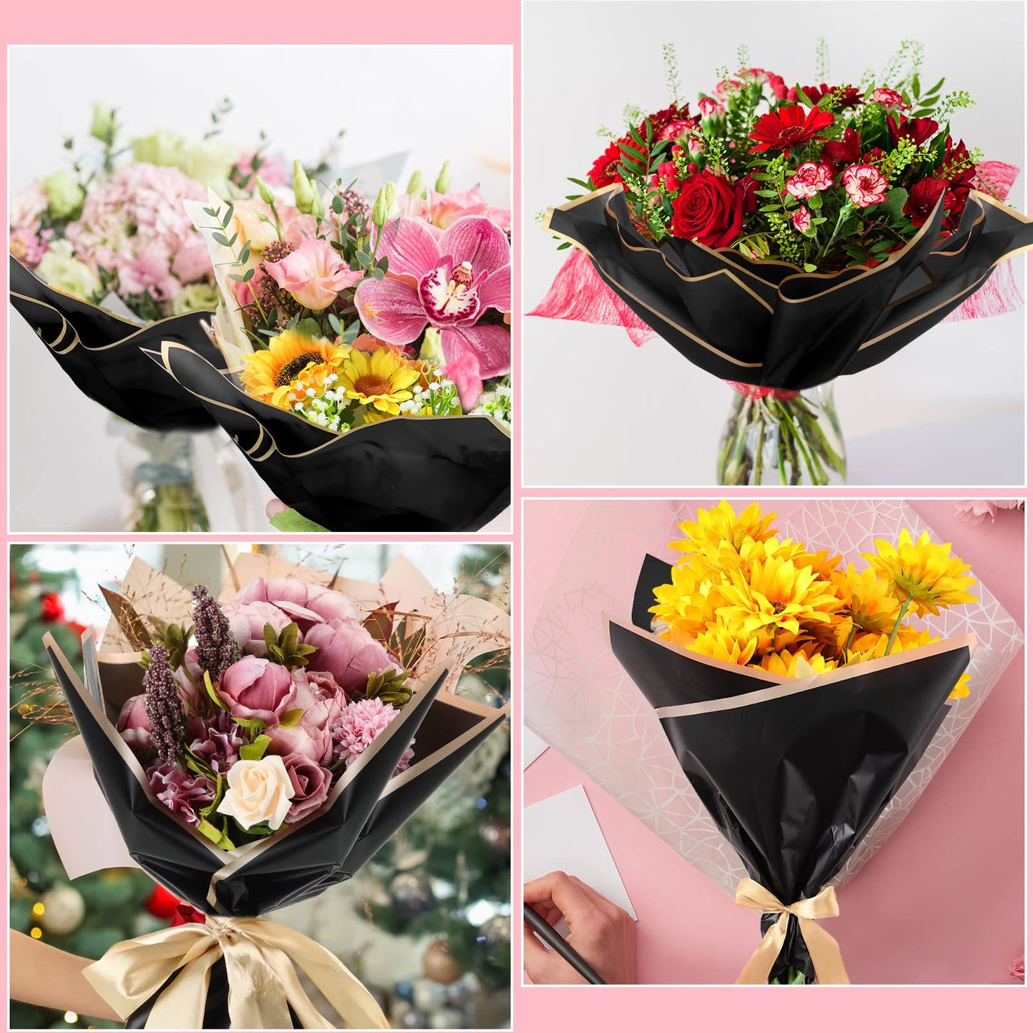 Yahenda 420 Sheets Black Flower Wrapping Papers:23" x 23" Black Flower Bouquets with Gold Edge Korean Style Wrapping Paper for DIY Gifts Craft Floral Supplies Packaging