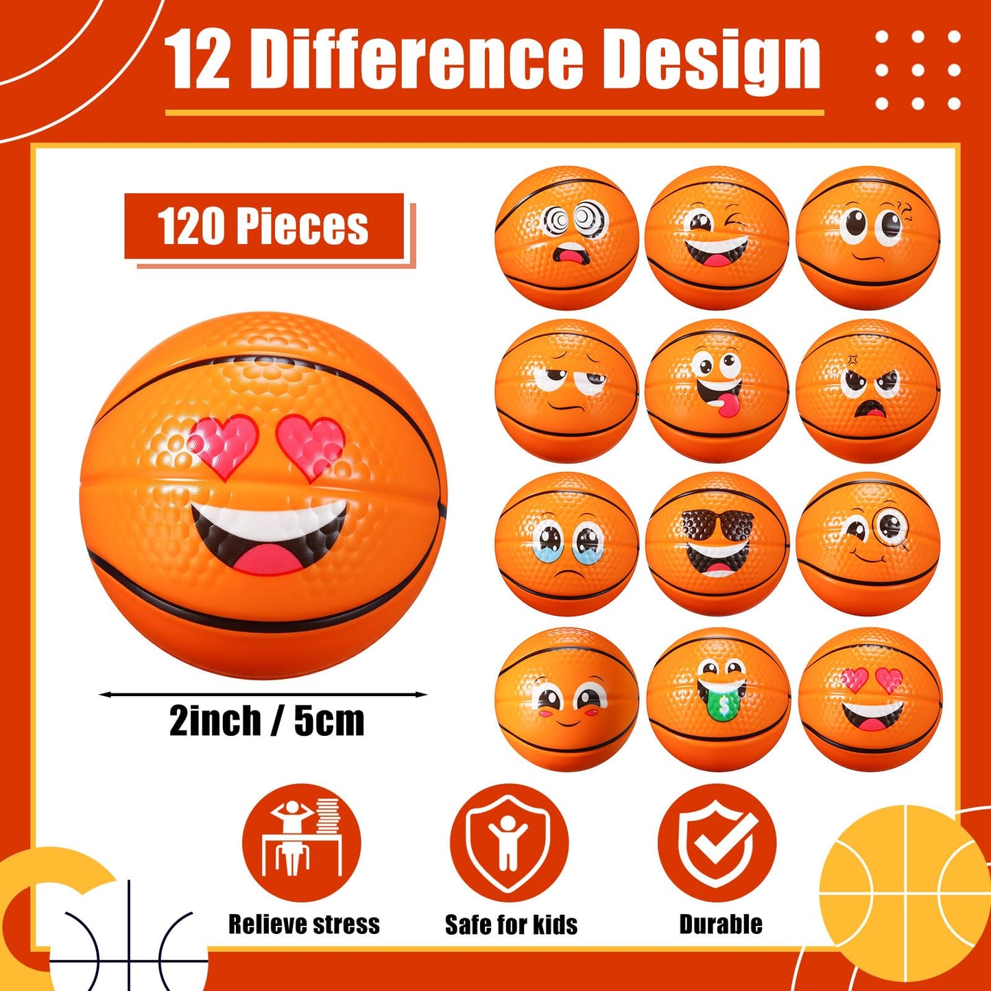 Libima 120 Pcs Mini Face Basketball Stress Balls Bulk 2 Inch Foam Sports Squeeze Balls Small Funny Anxiety Relief Toy for Kid Adult School Gift Class Prizes Party Decoration Supplies (Orange)