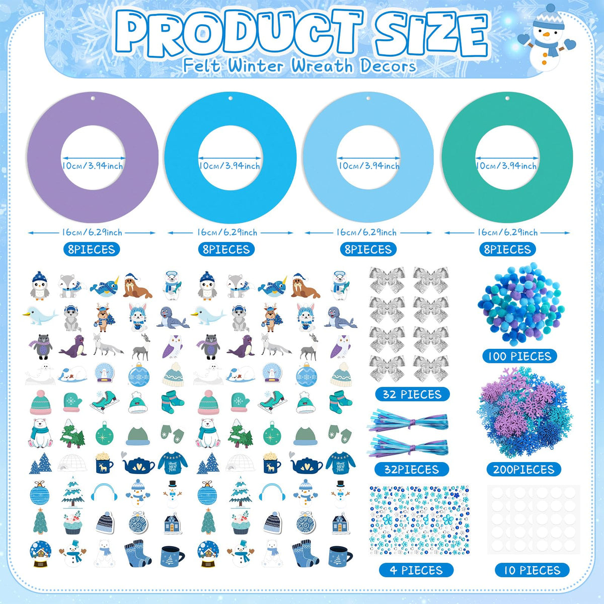 Moucuny 620/600 Pcs Winter Wreath Craft Kits DIY Snowman Christmas Wreath Crafts Kits Xmas Winter Home Decorations for Party Favors(Polar,Purple, Cyan, Light Blue, Dark Blue)