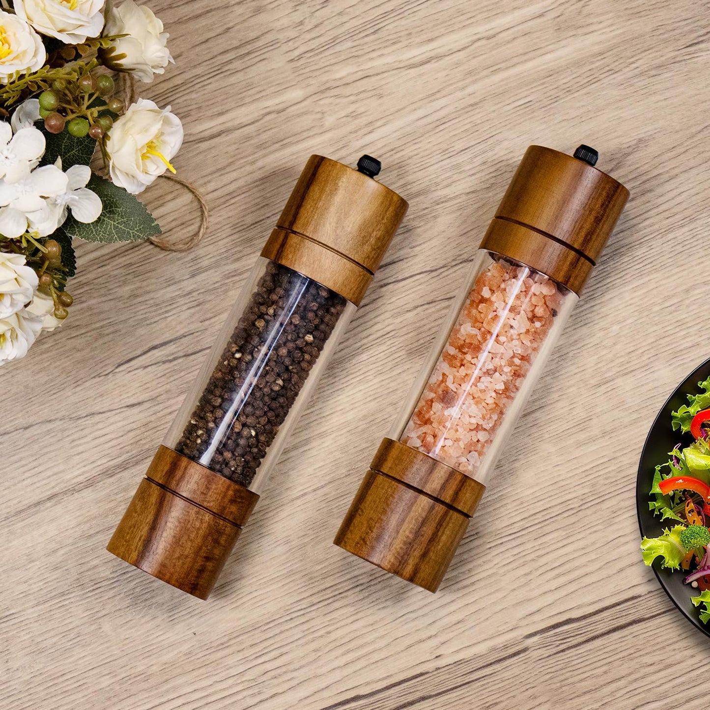 XWXO Acacia Wood Salt Grinder and Pepper Grinder Set Premium Acrylic Salt and Pepper Mill Set, Manual Salt and Pepper Mills- Wooden Shakers with Adjustable Ceramic Core 8 Inches 2 Pack