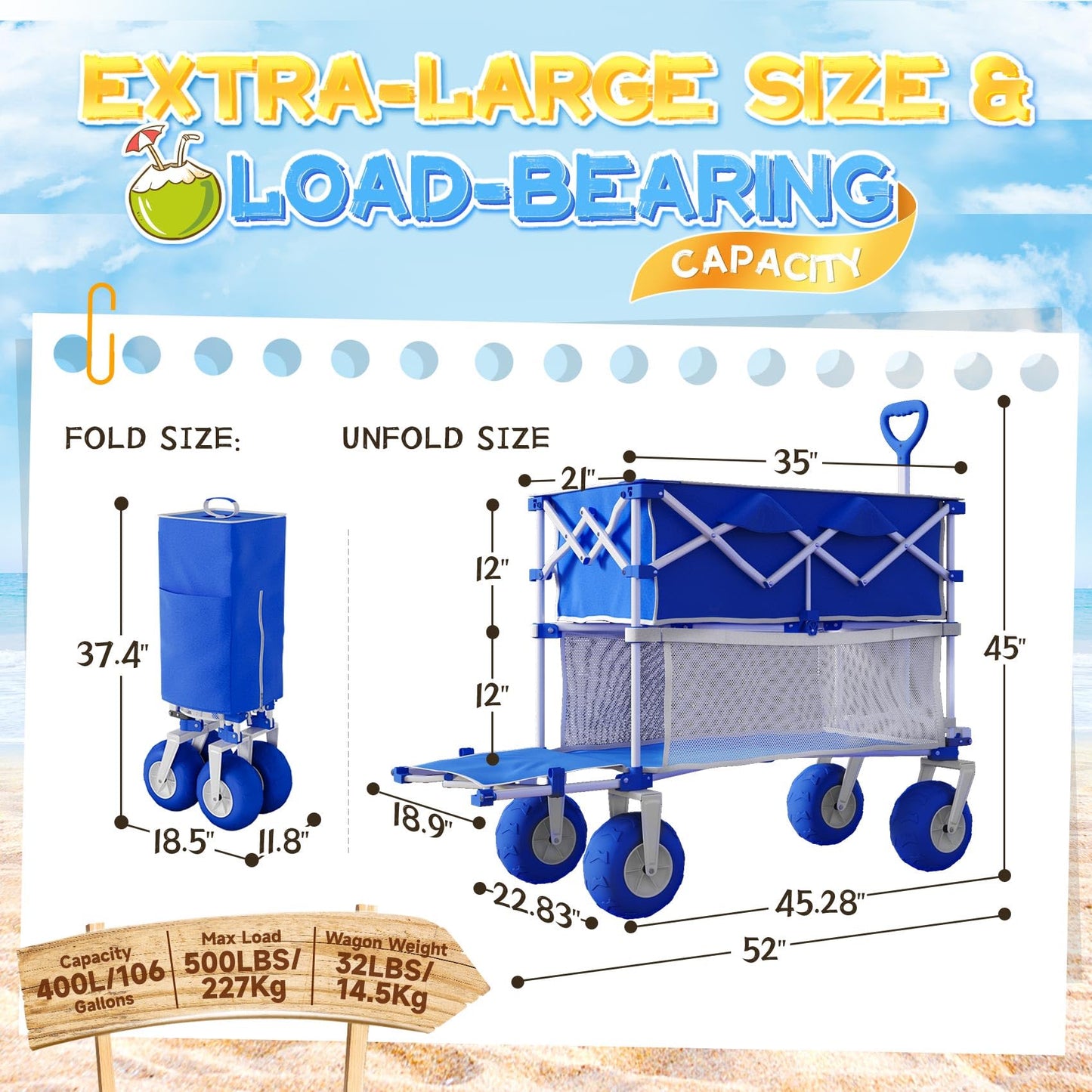 𝐔𝐩𝐠𝐫𝐚𝐝𝐞 Beach Wagon with Big Wheels for Sand, Double-Decker, 9" PVC All-Terrain Wheel, 500 lb Load Capacity, Oversized 400L, for Beach, Camping, Garden & Outdoor Sports (Blue)