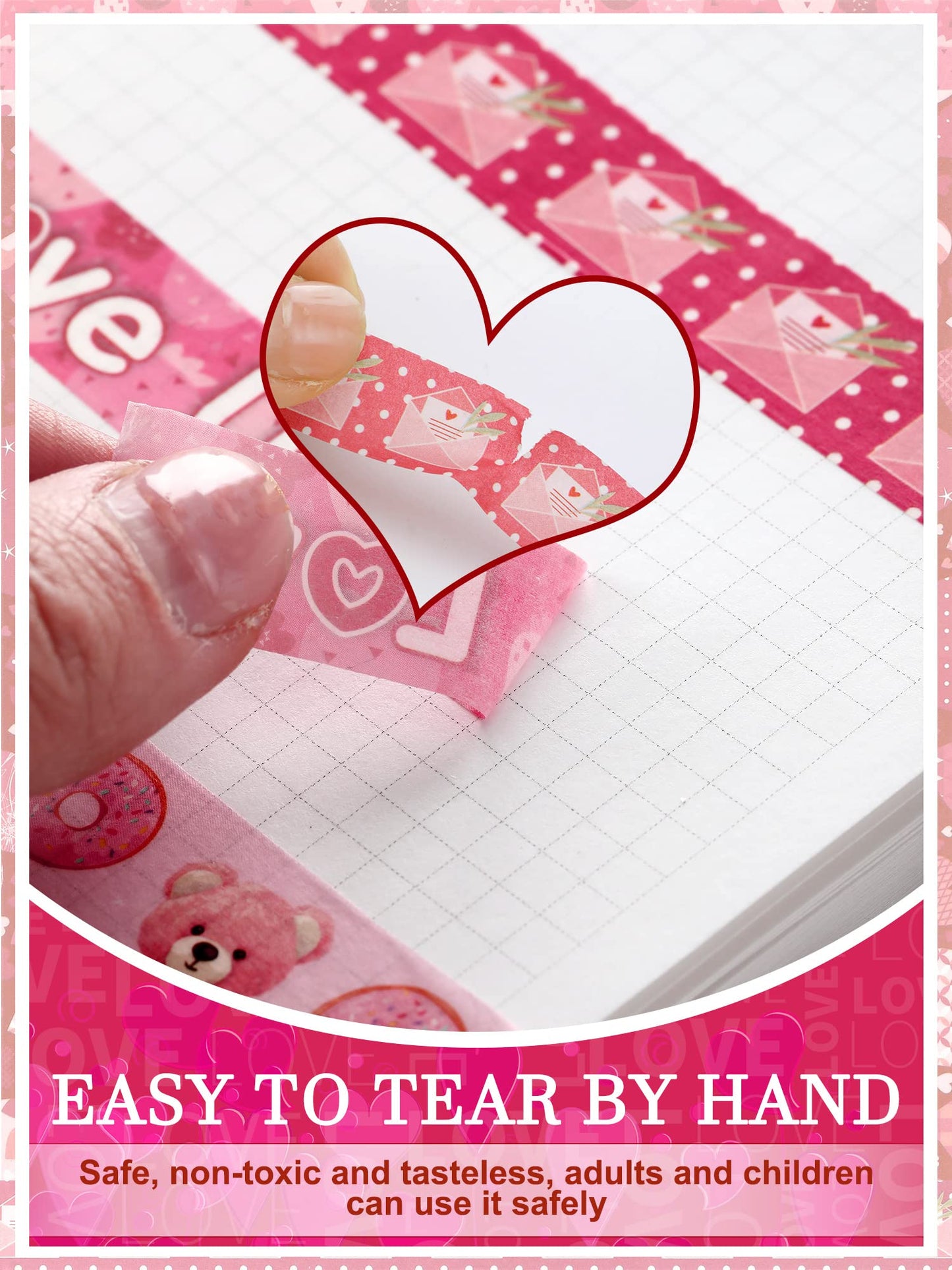 20 Rolls Valentine Washi Tape Set Heart Holiday Love Pink Masking Tape Paper Supplies for DIY Crafts Wrapping Scrapbook Party Favors