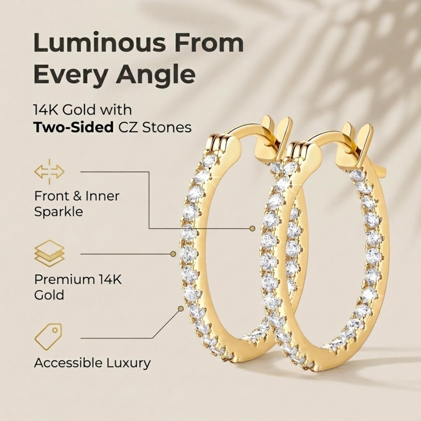 Suiune 14K Yellow Gold Hoop Earrings for Women, Hypoallergenic Dual-Sided Cubic Zirconia Hinged Hoops Jewelry for Woman, 2mm x 35mm