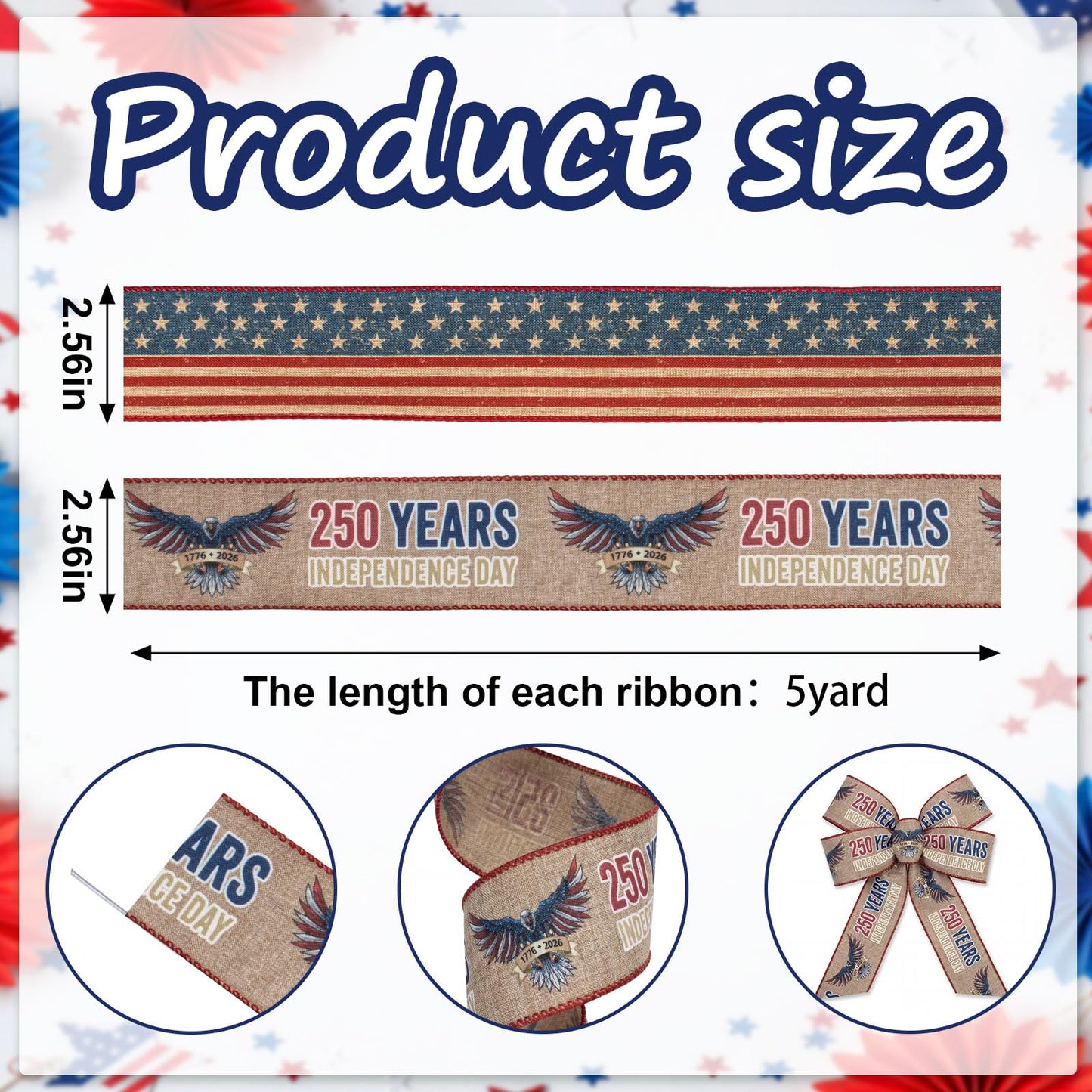 Bllavie 2 Rolls USA 250th Anniversary Ribbons for Wreath Bows Gifts, Red Blue Star Burlap Ribbons Patriotic Ribbon 4th of July Memorial Day Ribbon Bow for Gift Wrapping DIY Crafts Wreath Decor