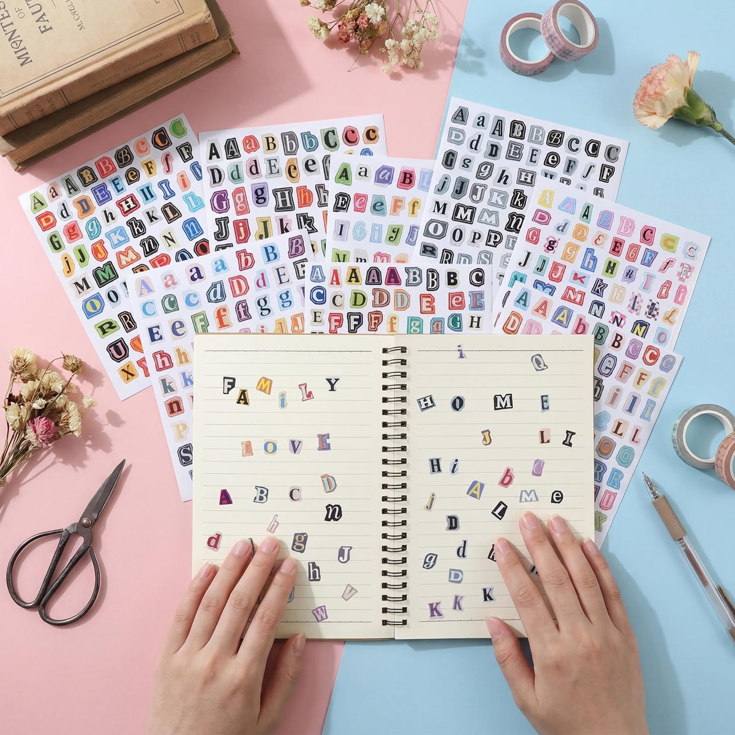 Frienda 2400 Pcs 32 Sheet Letter Stickers for Scrapbook with Tweezers Magazine Ransom Letters Stickers Small Vintage Alphabet Sticker for Journaling Supplies Laptop Water Bottle DIY Crafts Gift