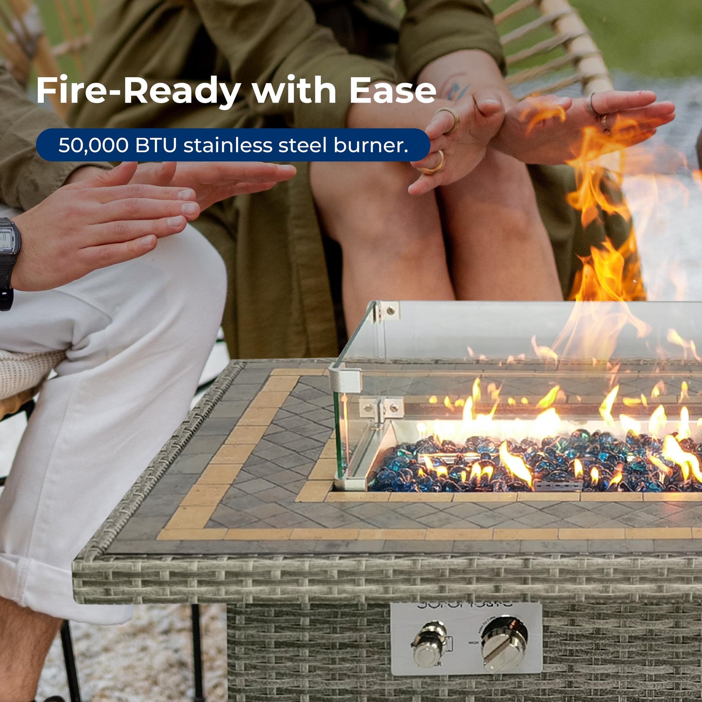 SereneLife Sturdy Wicker Base Propane Fire Pit Table with Tile Top, Patio Heater & Propane Heater, Sliding Door, Stainless Steel Burner, Tempered Glass Wind Guard, 50000 BTU, Weather Resistant