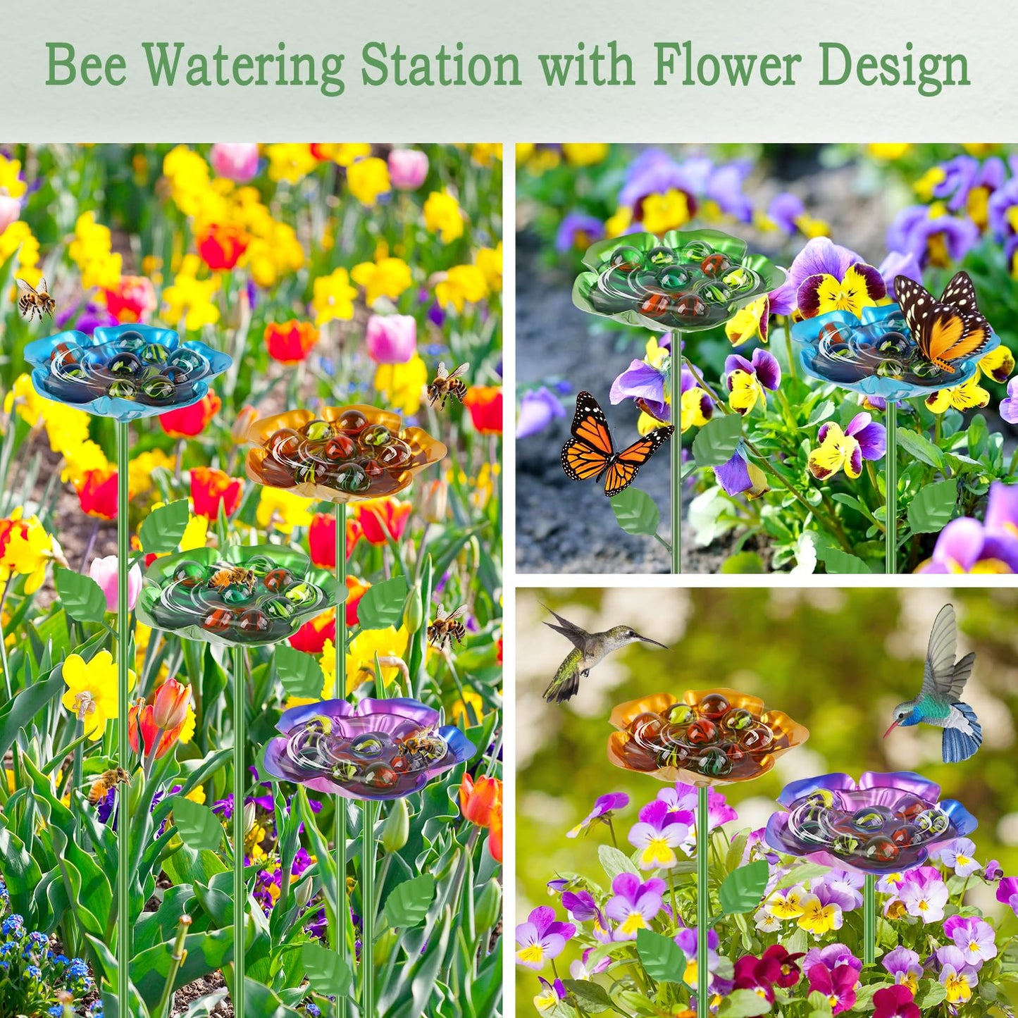 4 Pack Bee Watering Station, Metal Bee Feeder with Glass Marbles, Flower Shape Bee Butterfly Watering Station Bee Waterer for Outdoor Garden Courtyard Decor
