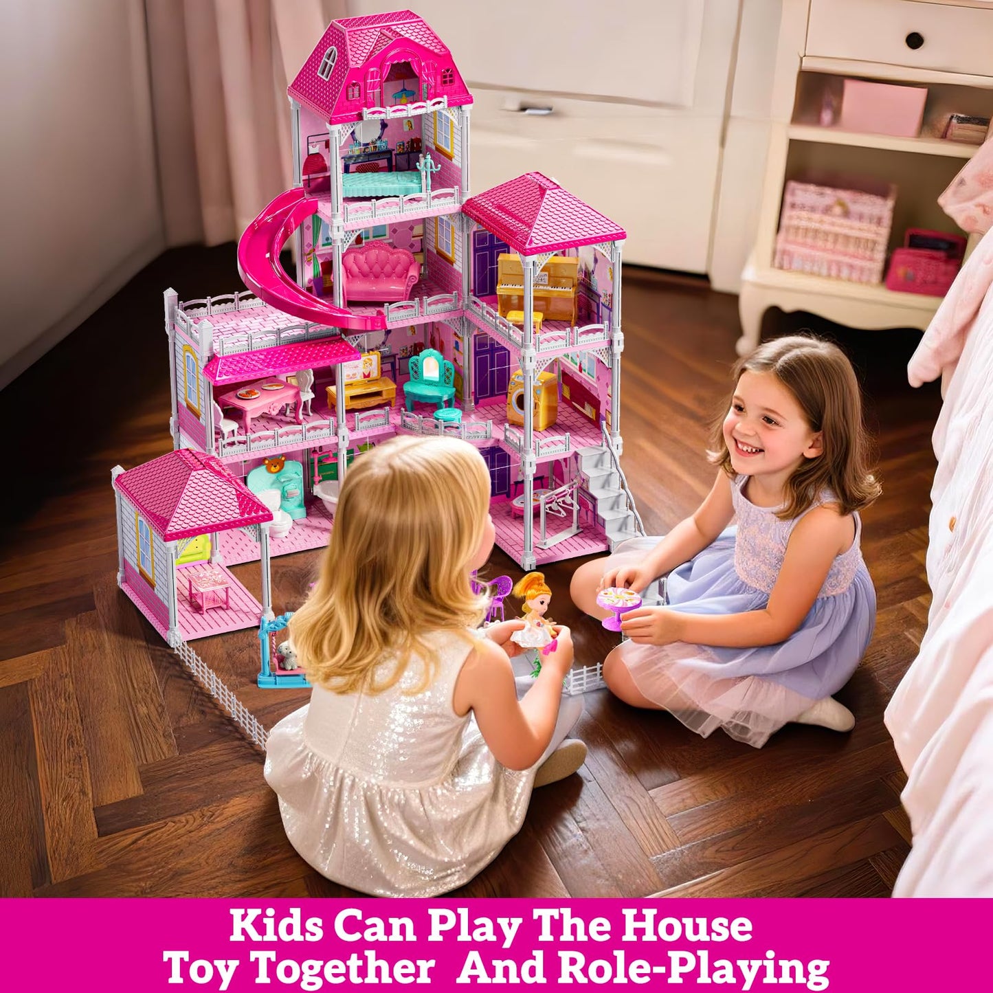 JUKUDAHU Villa Playset for Girls Ages 3-7, 4-Storey House with 10 Rooms, 2 Dolls, Furniture and Accessories, Indoor Playset Girls Toys for Ages 6-8, Pretend Toddler Toys, Birthday Gifts for Kids 4-8