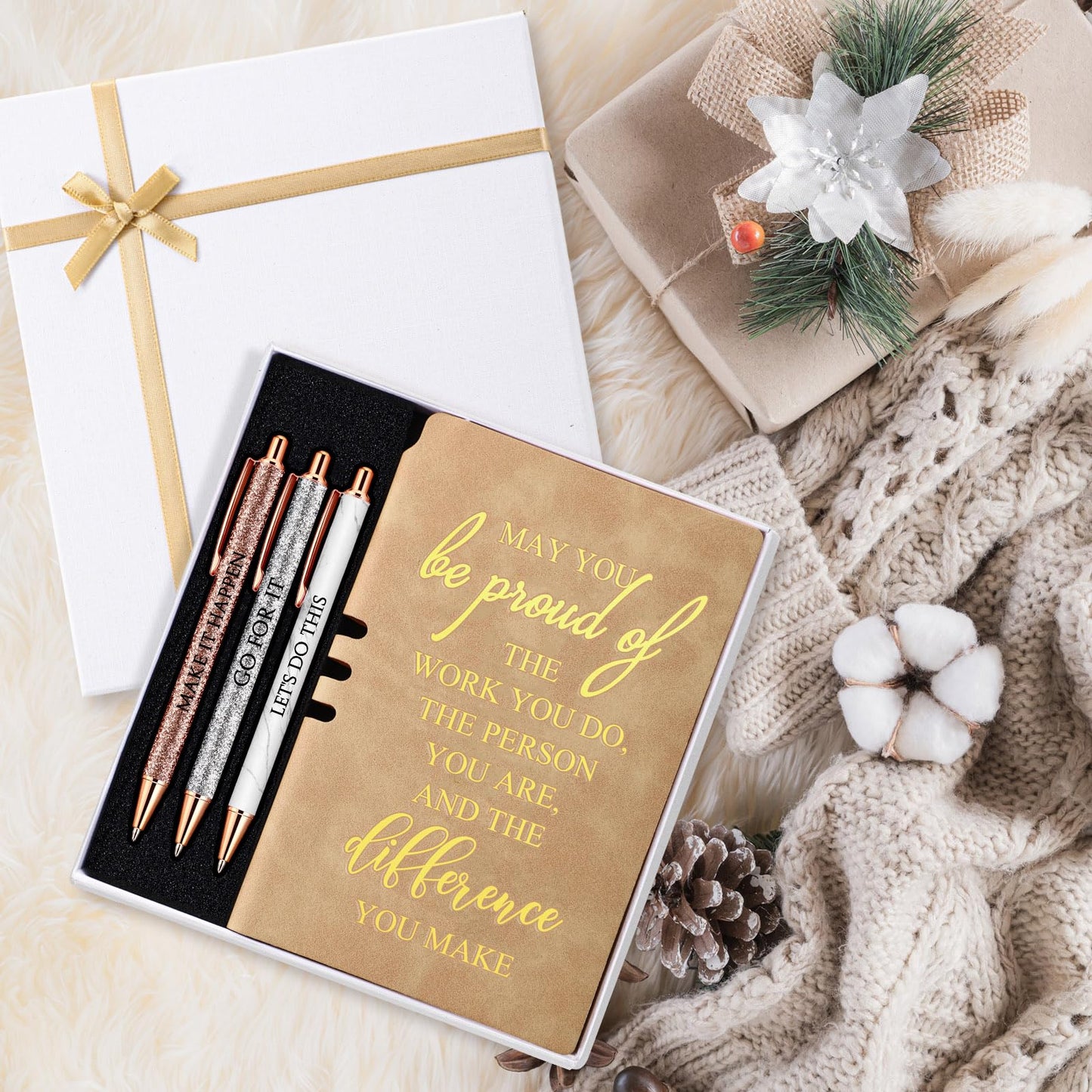Resurhang 5 Pcs Employee Appreciation Gift Leather Journal Notebook 3 Ballpoint Pens with Box Graduation Thank You Gift for Nurse Volunteer Teacher Secretary Assistant Coworker Women(Khaki)