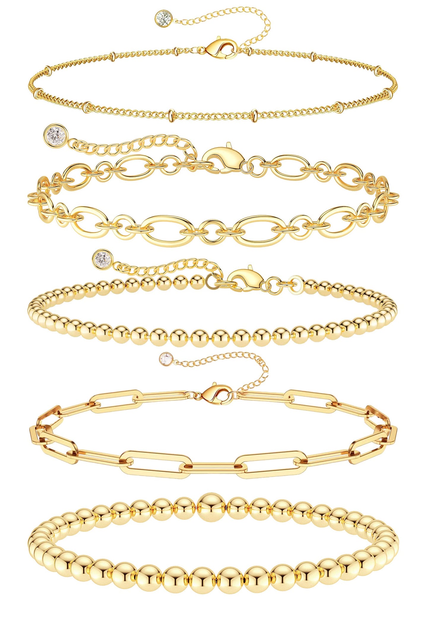 DEARMAY 14K Gold Plated Bracelets for Women Gold Jewelry Set for Women Beaded Bracelets Dainty Paperclip Chain Bracelet Pack Gifts
