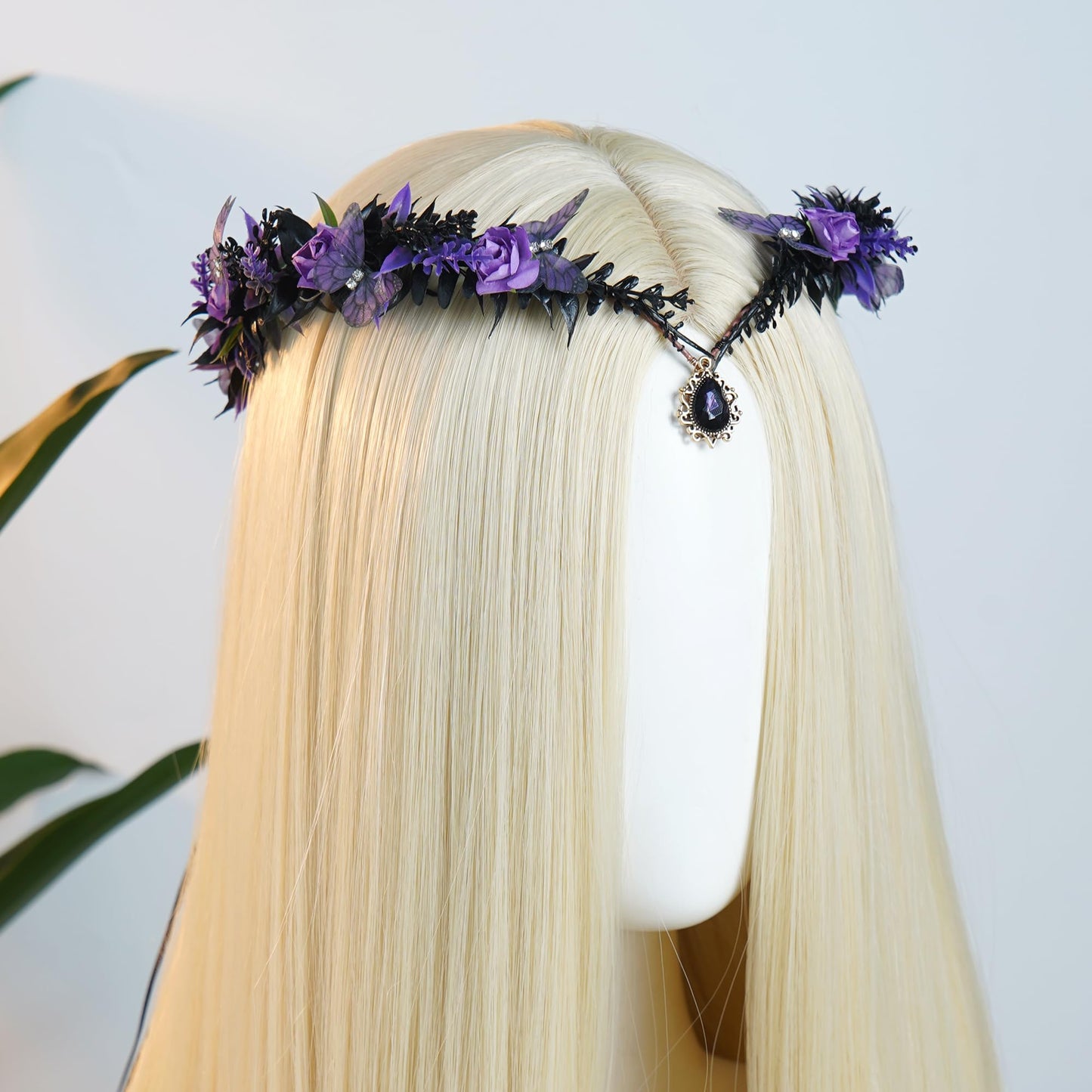 MOSTORY Gothic Butterfly Elf Crown - Dark Purple Flower Crown for Witch Accessories Women, Black Fairy Wings Circlet for Renaissance Renfaire Fantasy Cosplay Witchcore Halloween