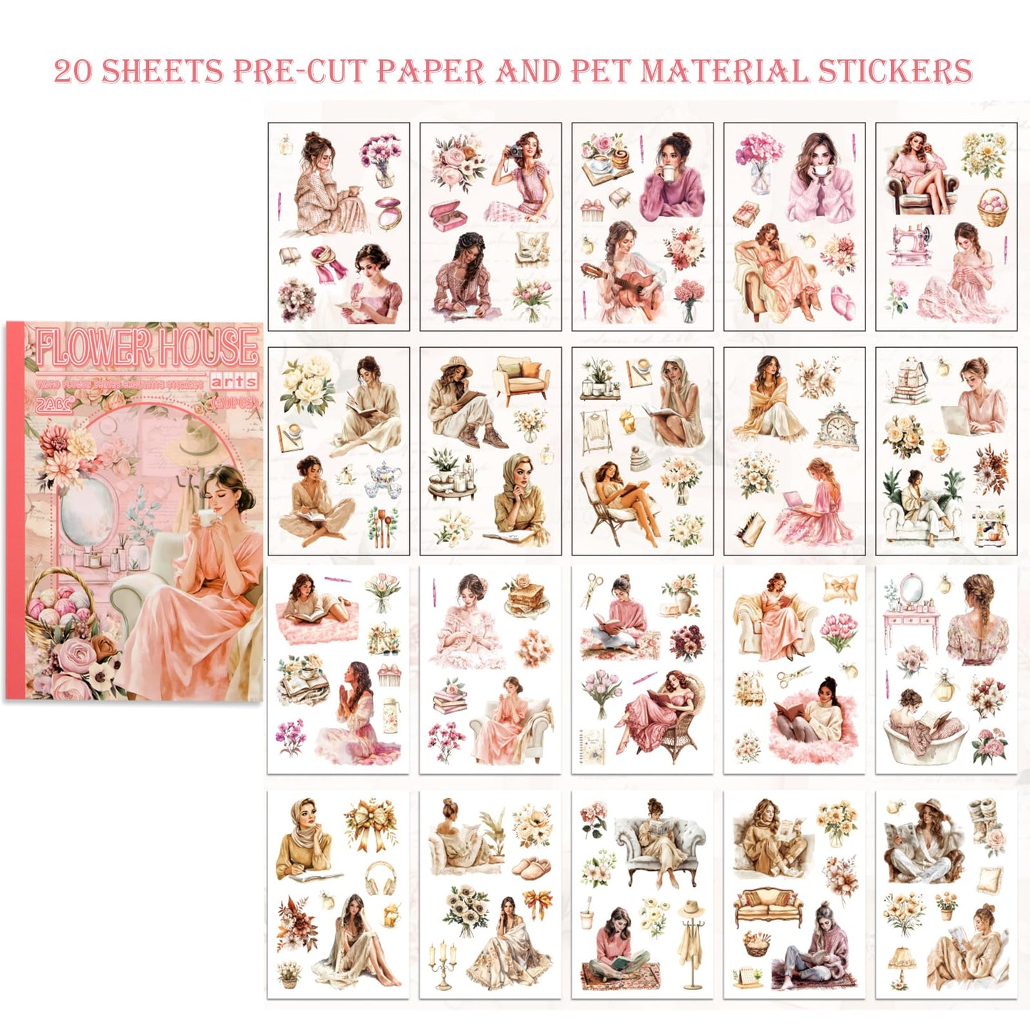 Auguro 4 Book for Girls Scrapbooking Stickers Pre-Cut 480 washi Stickers PET People Sticker Books for journaling Scrapbook Supplies Transparent Sticker for journaling