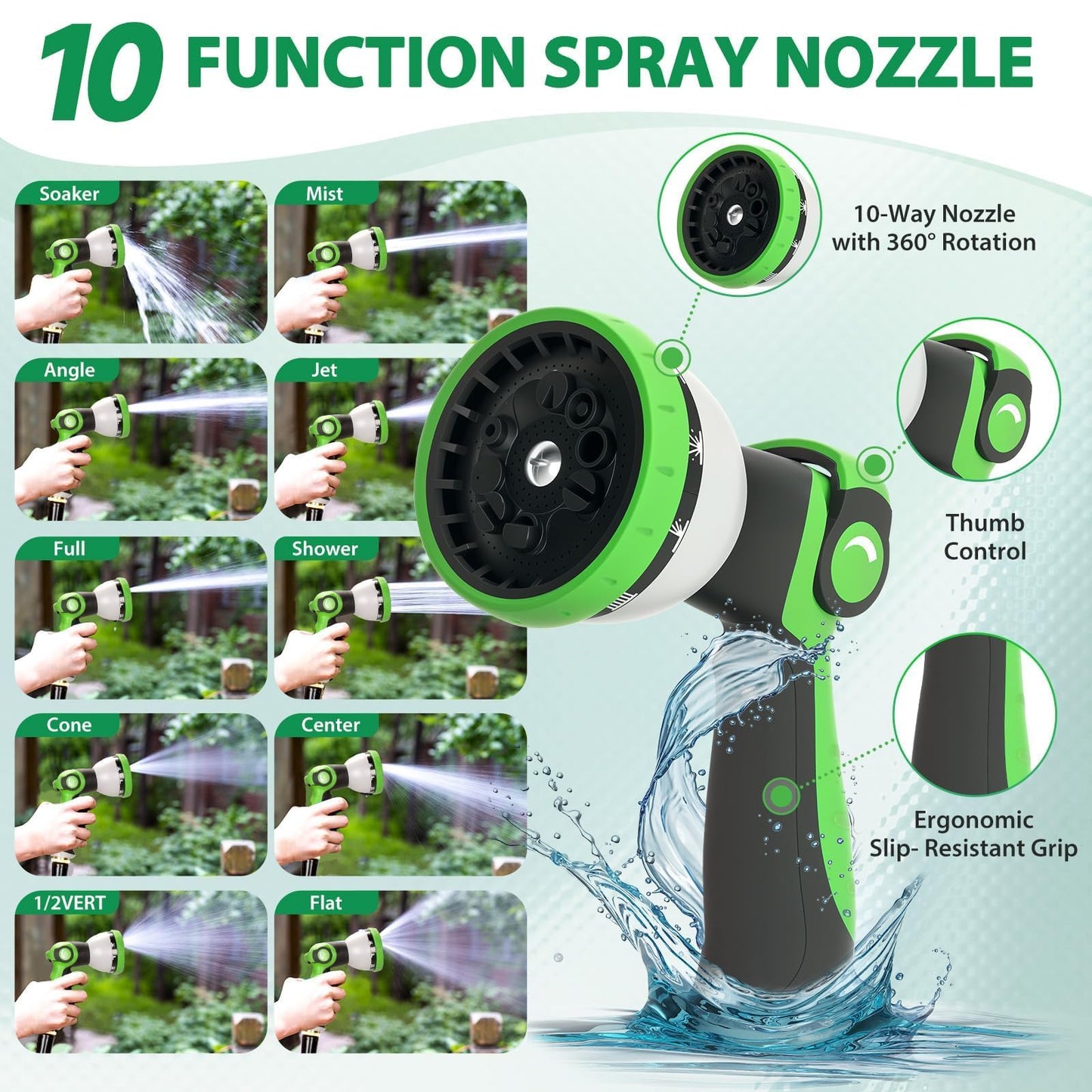 Ahititi Garden Hose 50 ft Water Hose Flexible Non-Expandable Outdoor Heavy Duty Lightweight Leakproof Kink-free flex Watering Hose Pipe with Nozzl for 3/4 inch Fitting Yard Lawn Outside Car Wash