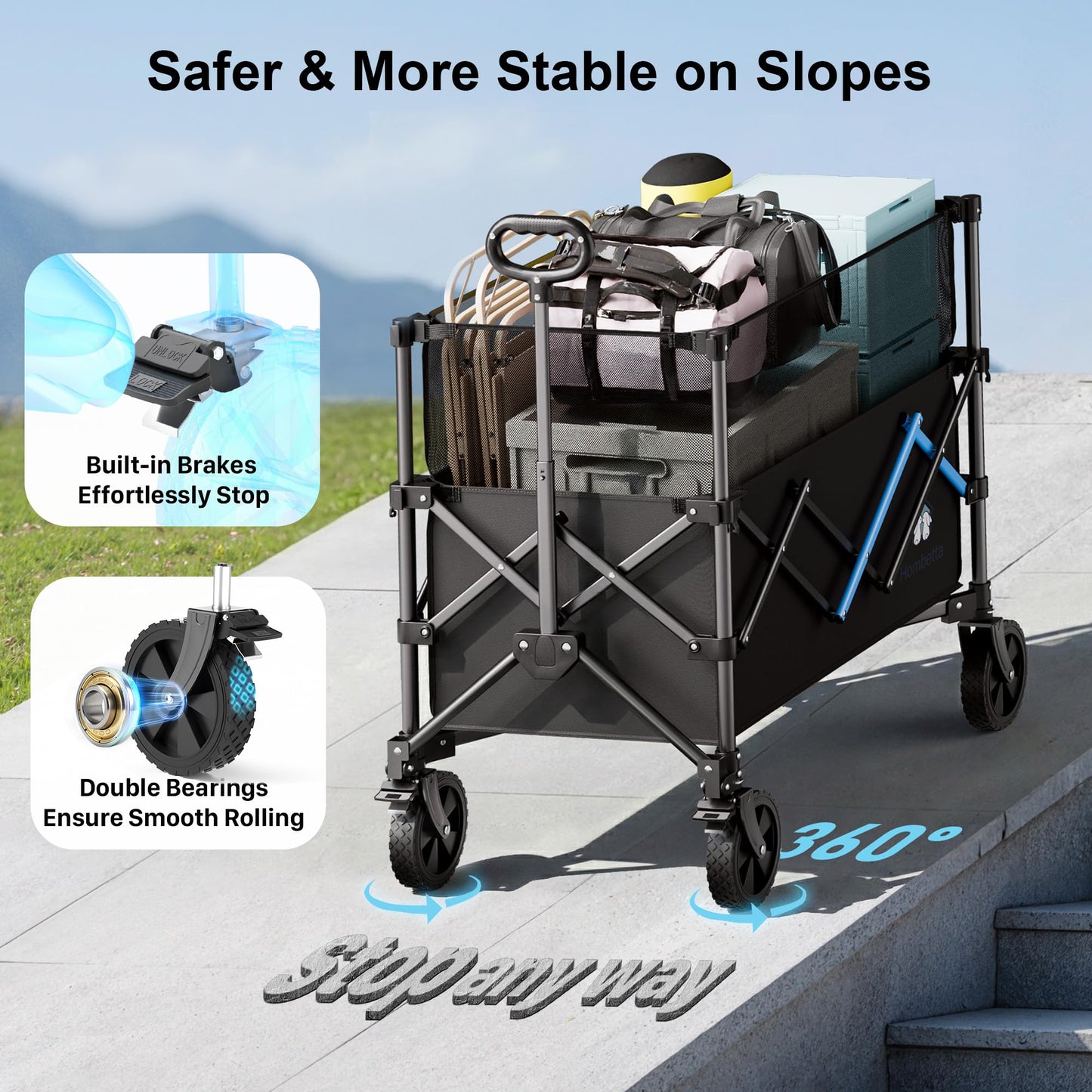 HOMBETTA 39" Collapsible Wagon Cart, 450 lbs Heavy Duty Folding Wagon with Brakes, Adjustable 150L-300L Utility Wagon with All-Terrain Wheels for Camping, Garden, Beach and Shopping