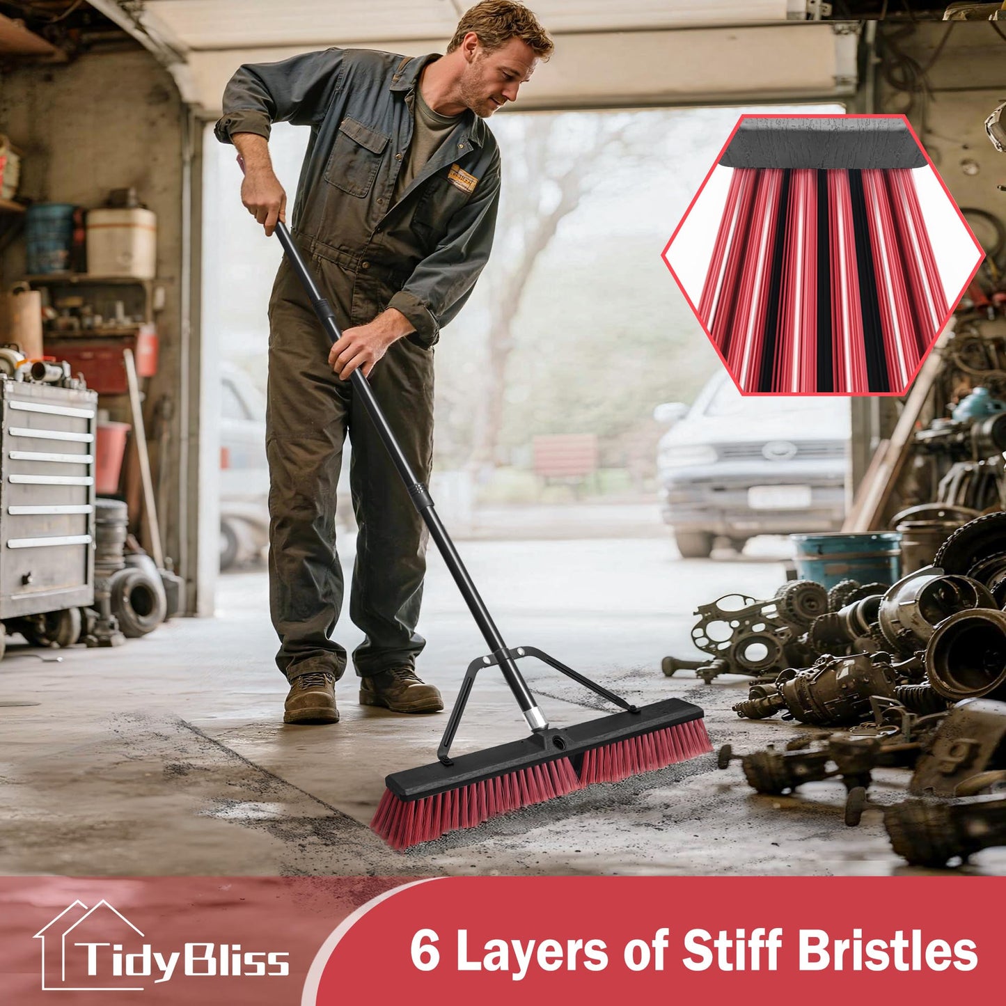 TidyBliss 24” Push Broom Outdoor Heavy Duty, Large Commercial Stiff Bristle Brush with 63 inches Long Handle for Garage Shop Garden Yard Patio Deck Street Warehouse Lawn Driveway (Red)