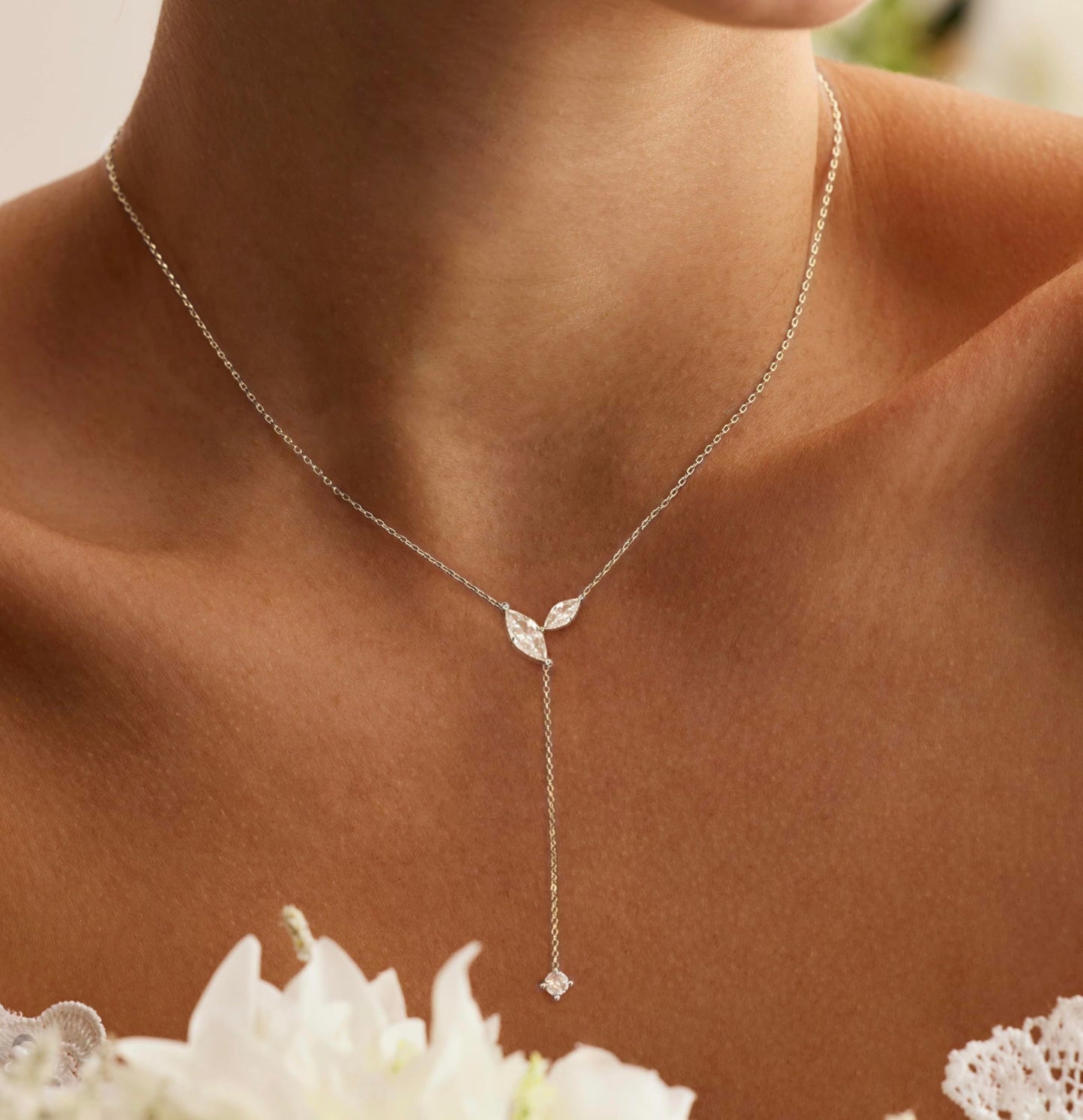 FUCJOEE Silver Necklace for Women - Dainty Lariat Necklace Adjustable Sterling SIlver Teardrop CZ Y Shaped Drop Necklaces Cute Long Necklaces for Women Trendy Prom Formal Silver Jewelry