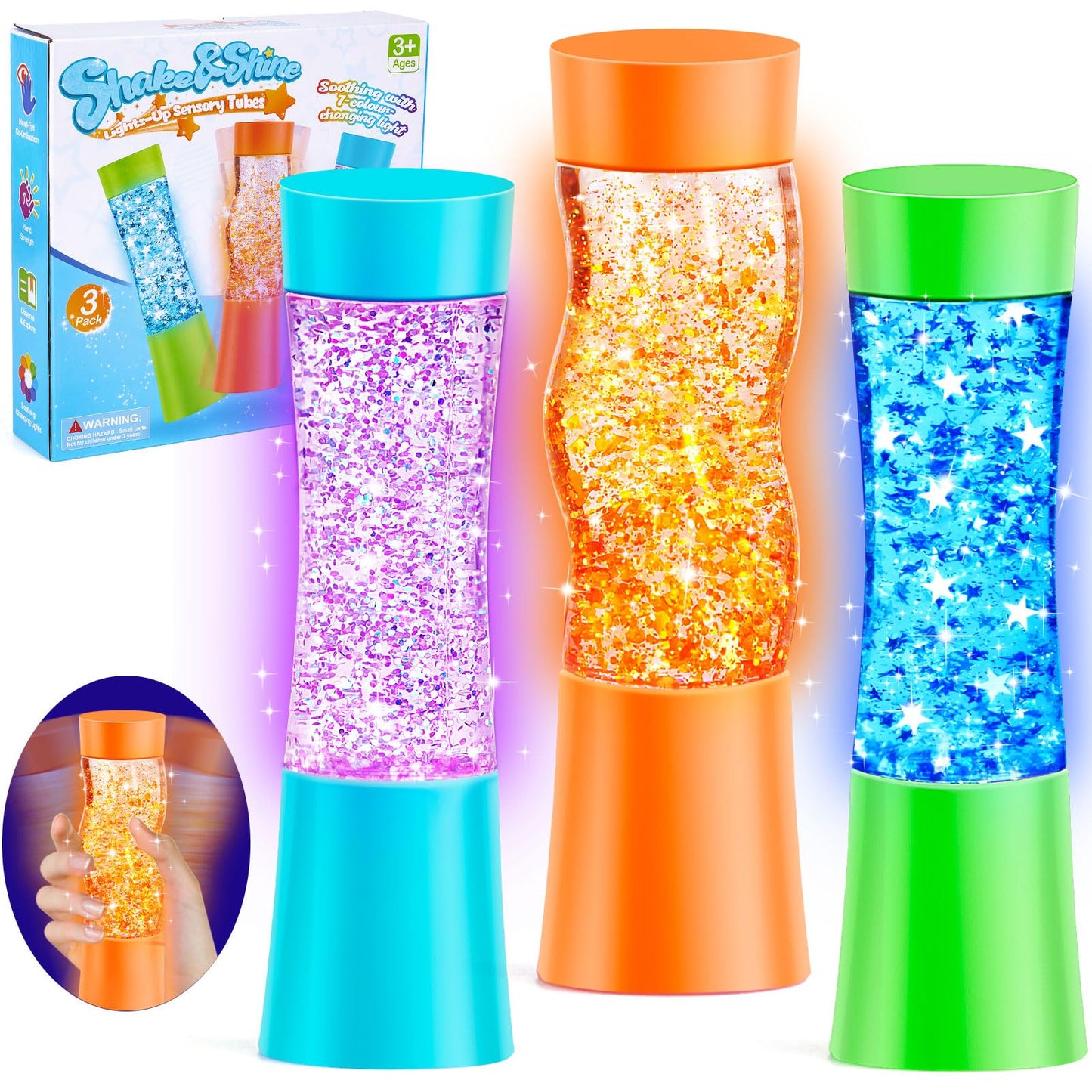 Subao 3 Pack Light Up Sensory Tubes Anxiety Relief Items,Fidget Toys for Kids & Adults,Sensory Toys for Kids with Autism Calm Down Corner Supplies,Preschool & Kindergarten Classroom Must Haves