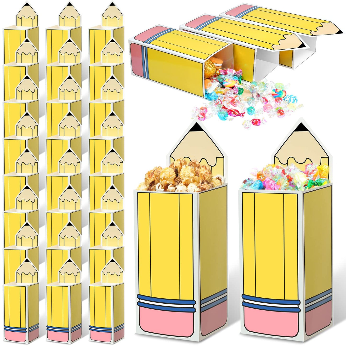 Harloon 24 Pcs Back to School Pencil Candy Boxes Popcorn Holders Bulk Teacher Gift Bags Party Favors Welcome Back to School Treat Boxes for Teacher Appreciation Gifts Graduation Classroom Decoration