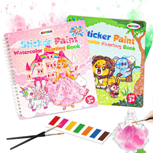 2 In 1 Sticker Paint Books, Animal&Princess Theme Paint Water Coloring Books for Toddlers with 2 Paint Brushes, Mess Free Coloring, Preschool Education, Arts&Crafts Drawing Activities Birthday Gift