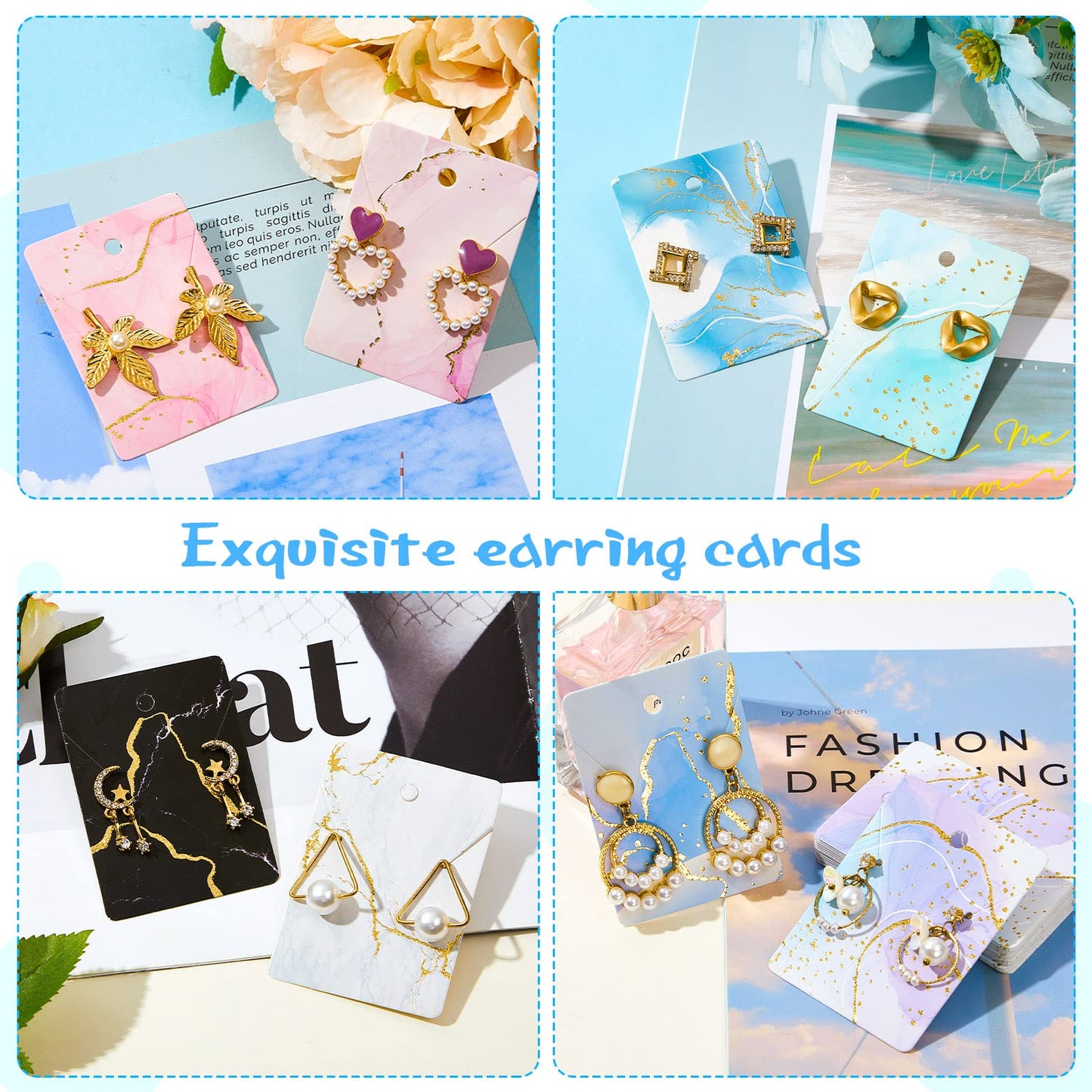 Hicarer 800 Pcs Marble Earring Cards with Holes Backs and Jewelry Packaging Bags Earring Cards for Selling Jewelry Display Card Holder for DIY Necklace Display, 2 x 2.8 Inches