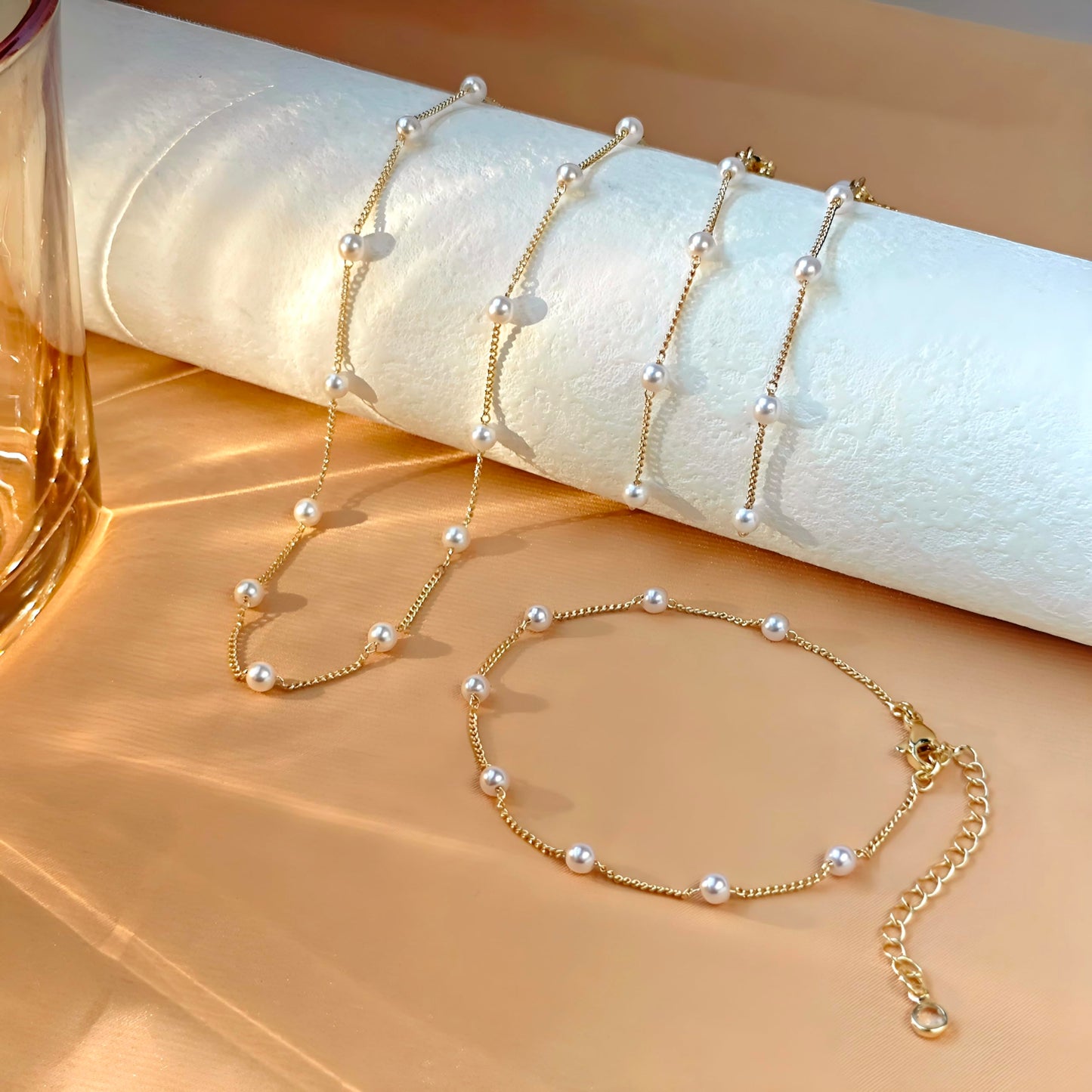 Zeffy Gold Jewelry Set for Women Dainty 14K Gold Plated Pearl Necklace and Earring Set Pearl Drop Earrings Pearls Bracelets Wedding Pearls Jewelry for Brides 3pcs
