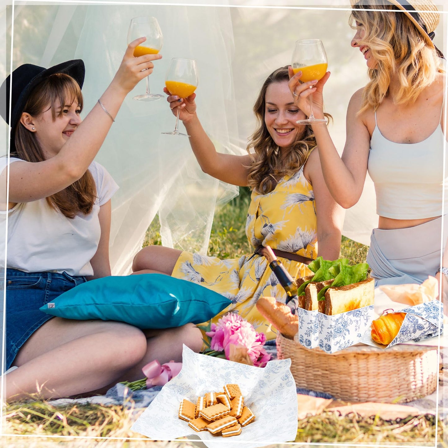 Marspark 100 Sheets Blue Floral Wax Paper for Food Wrapping 11.4 x 11 Inches Spring Floral Food Basket Parchment Paper for Picnic Wedding Candy Cookies Baking Sandwich Burgers Greaseproof Wrapping