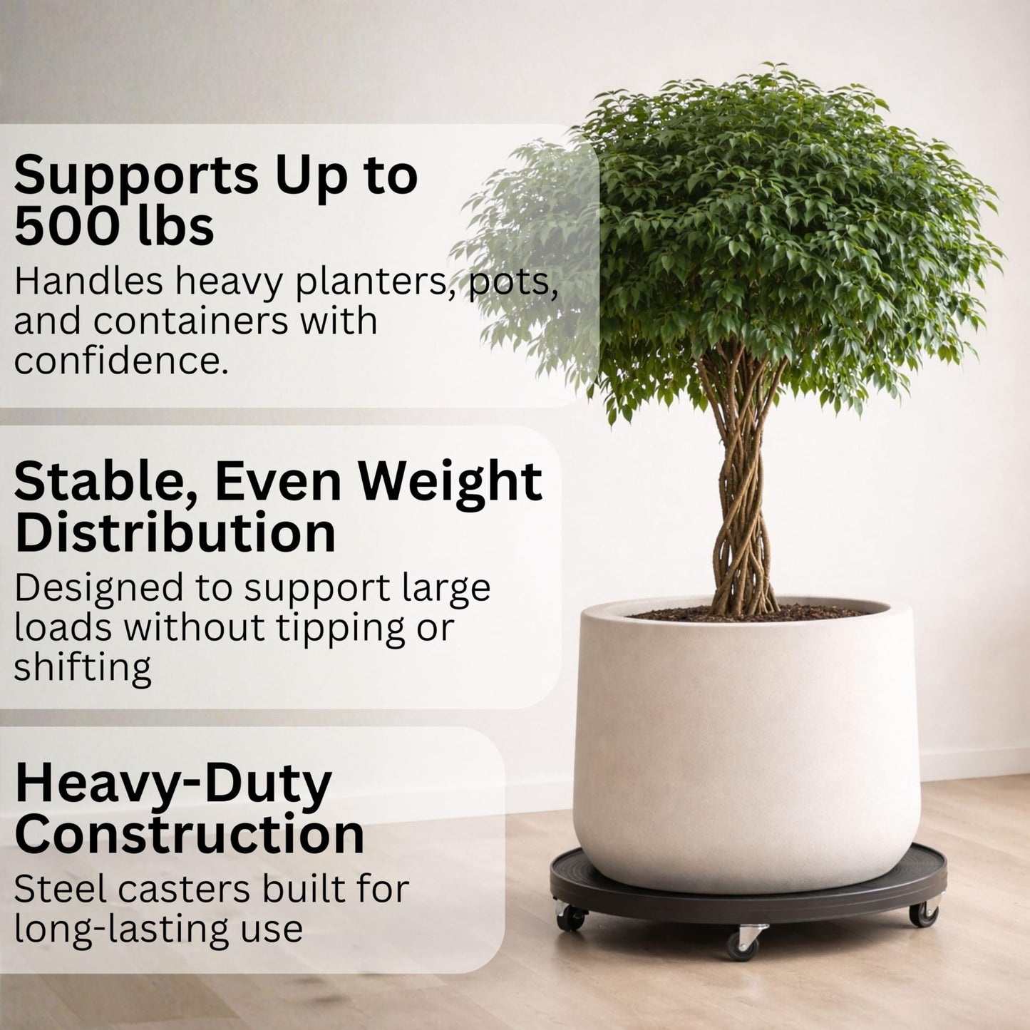 16" Rolling Plant Caddy with Drain Hole, Heavy Duty Plant Dolly with Wheels & Locking Wheel, Indoor Outdoor Planter Base for Pots, Round Plant Tray, White, Supports 500 lbs