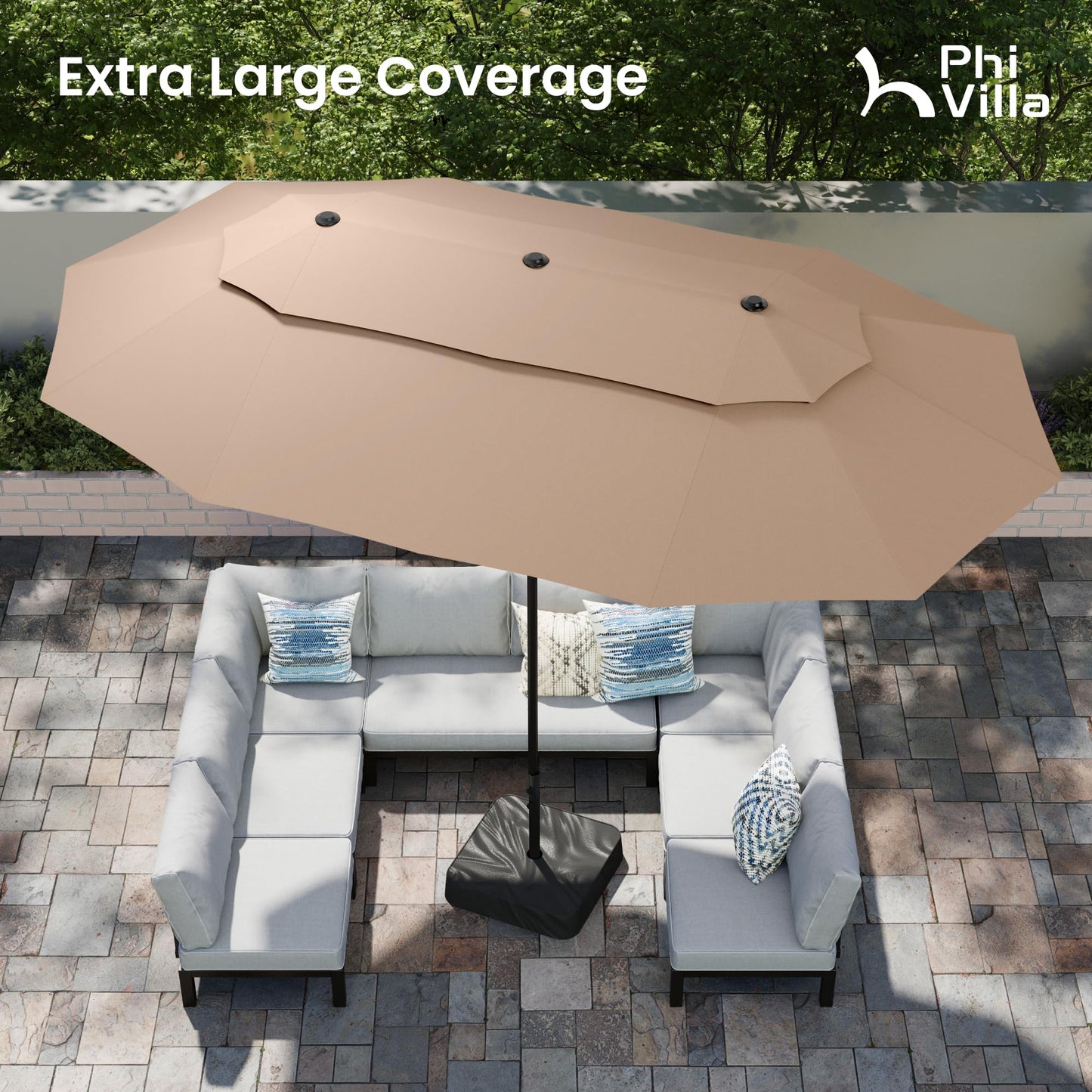 PHI VILLA 15ft Large Patio Umbrellas with Base Included, 2-Tier Outdoor Double-Sided Rectangle Market Umbrella with Stand, Outside Umbrellas for Poolside Lawn Backyard, Beige