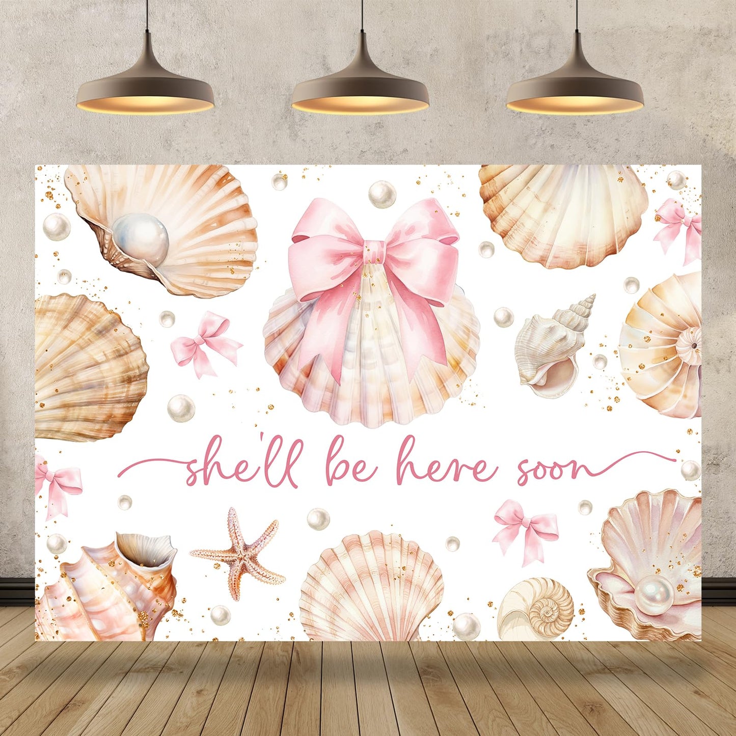 Bcuuipo Shell Themed Baby Shower Backdrop She'll Be Here Soon Pink Bowknot Pearl Seashell Photography Background for Girls Newborn Baby Shower Party Decoration Supplies Banner Photo Booth Props 7x5ft